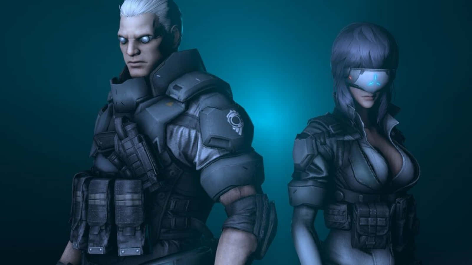 Ghost In The Shell Batou 桌布 壁紙 — 兩名經過網路強化的特工身穿戰術裝備，站在發光的青綠色背景前，擁有發光的眼睛和未來風格的盔甲。