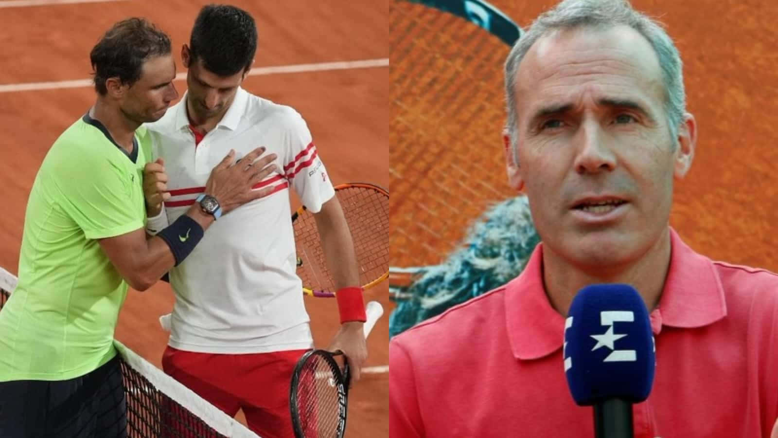 Tennis 桌布 壁紙 — 兩名網球運動員在紅土球場上擁抱，同時一位評論員對著麥克風說話。