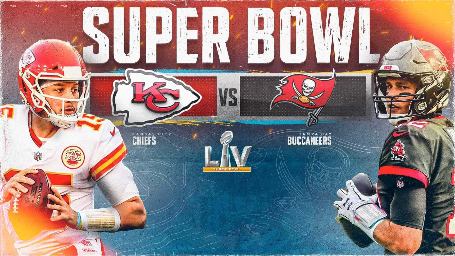 超級盃 桌布 壁紙 — 兩名美式足球四分衛在充滿活力的Super Bowl LIV宣傳海報中對決，海報上有球隊標誌和火熱背景。