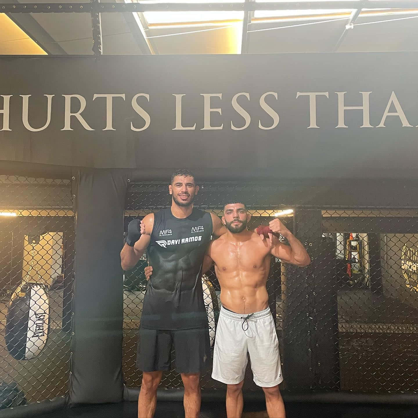UFC 桌布 壁紙 — 兩名肌肉男在一個帶有「HURTS LESS THAN」標牌的籠子裡自信地擺姿勢。