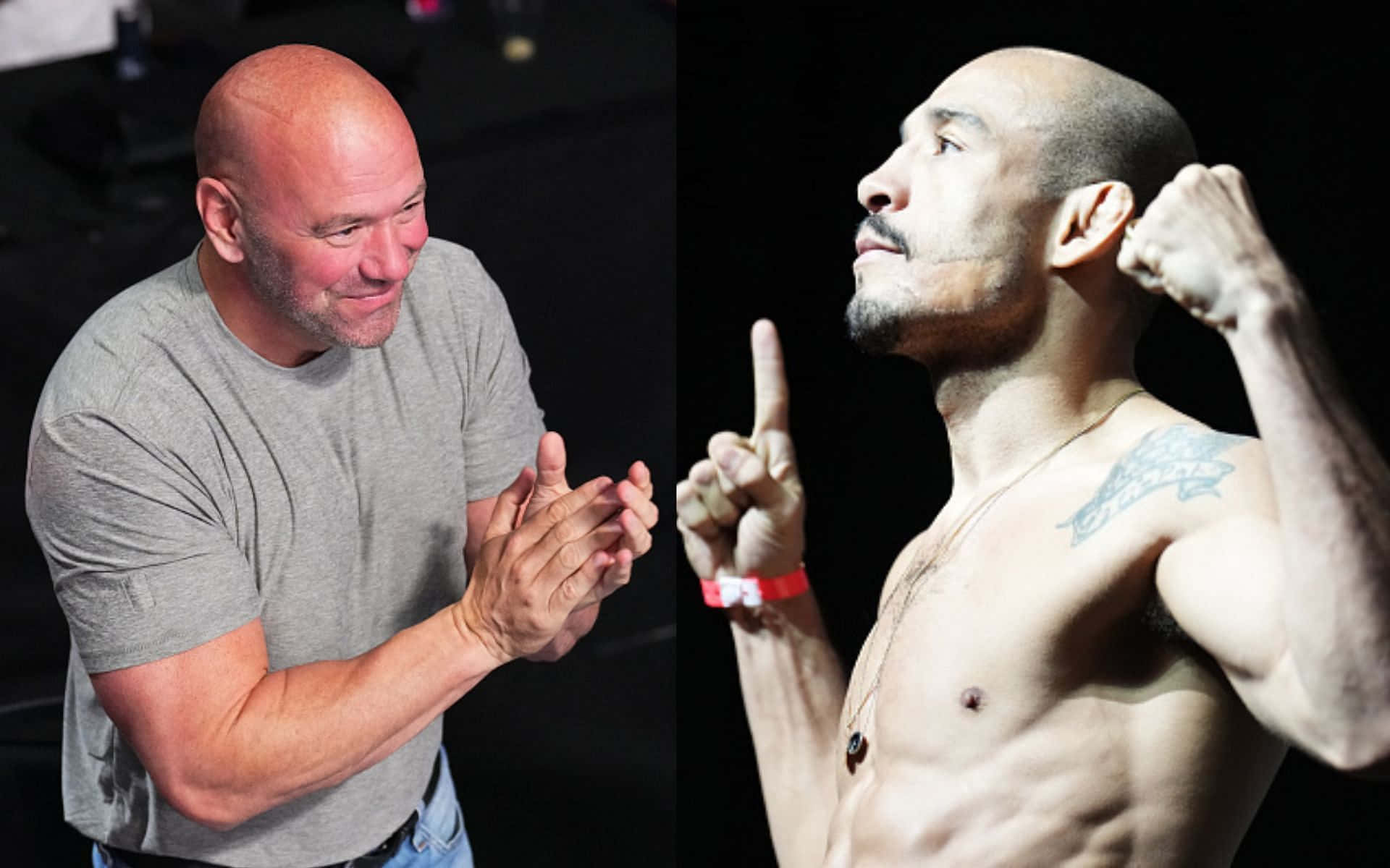 UFC 桌布 壁紙 — 兩名肌肉男在黑暗的攝影棚中，一人拍手，另一人舉起拳頭並用有刺青的肩膀向上指。