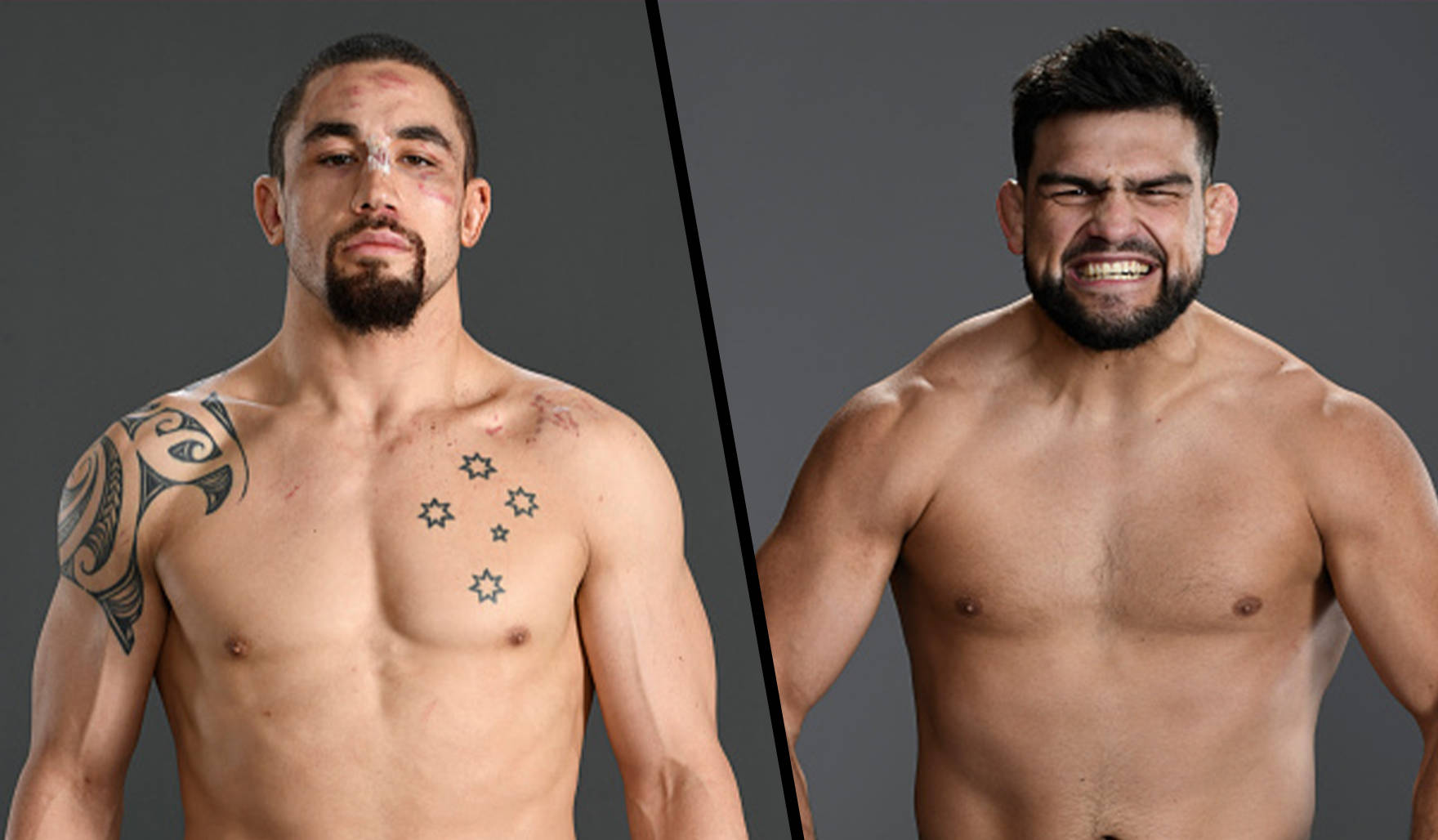 UFC 桌布 壁紙 — 兩名肌肉發達、帶有刺青和戰鬥傷疤的戰士，在灰色工作室背景下強烈凝視。