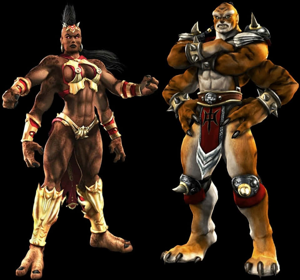 Mortal Kombat Kintaro 桌布 壁紙 — 兩名肌肉發達、帶有動物特徵的奇幻戰士，身穿精細盔甲，自信地站在黑色背景前。
