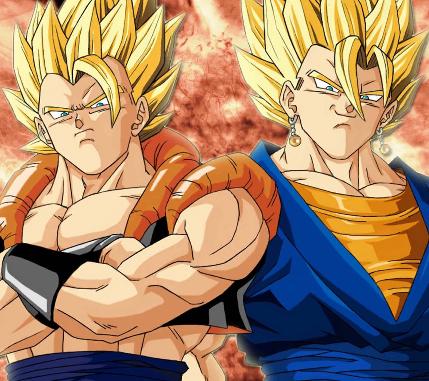 Gogeta And Vegito 桌布 壁紙 — 兩名肌肉發達、擁有金色尖刺頭髮的動漫戰士，在火紅背景前並肩站立。