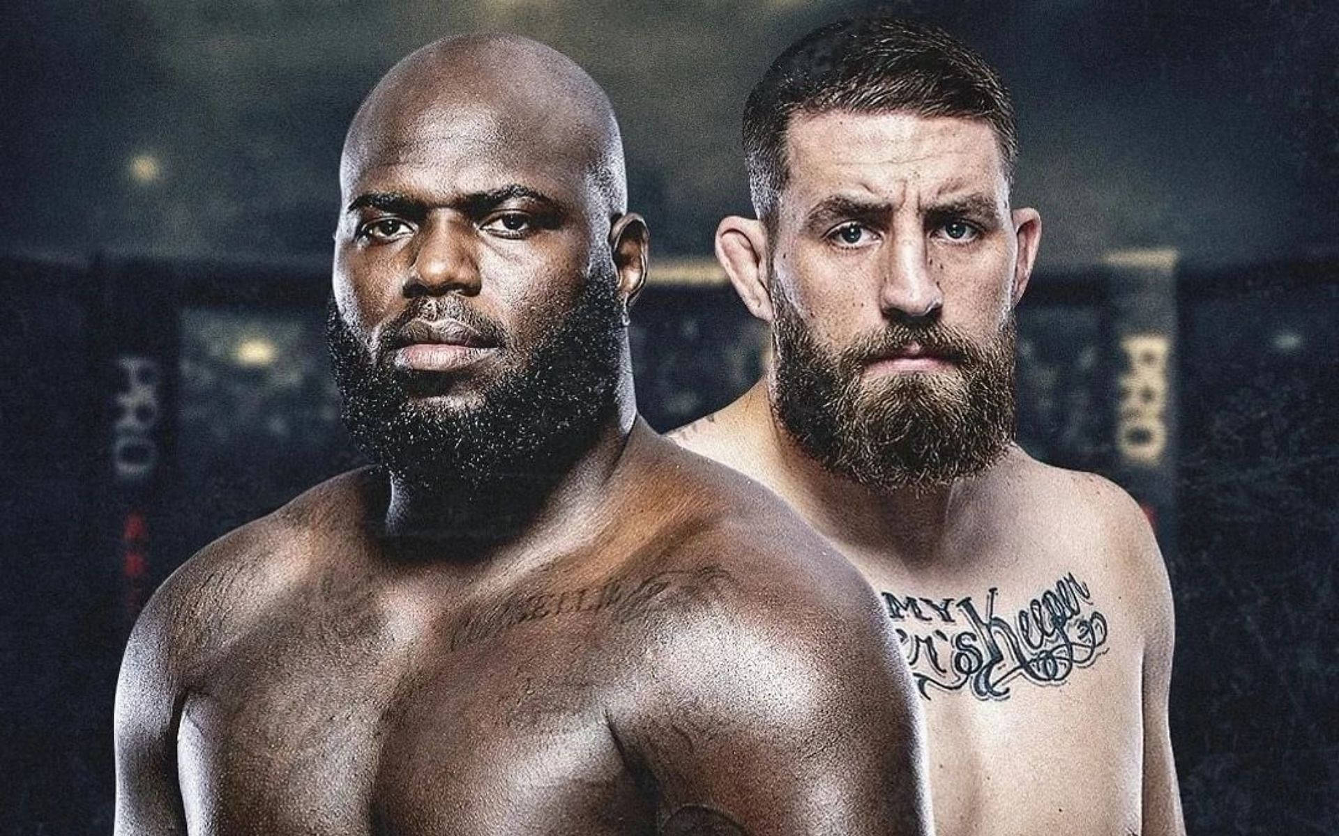 MMA 桌布 壁紙 — 兩名肌肉發達、留鬍子的戰士在昏暗的八角籠中，背景有模糊的品牌標誌，他們專注地凝視著鏡頭。