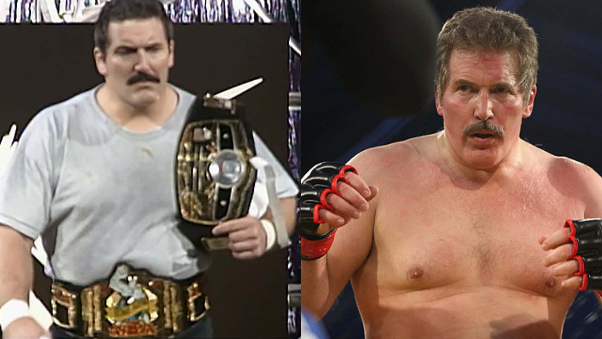 WWE 桌布 壁紙 — 兩名肌肉發達、留鬍子的摔角手，一人手持冠軍腰帶，另一人戴著紅黑手套擺出戰鬥姿勢。
