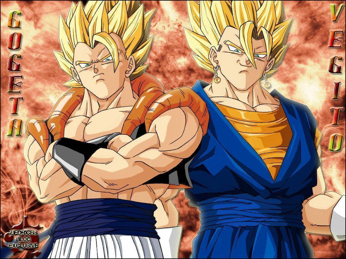 Vegito 桌布 壁紙 — 兩名肌肉發達、金色尖刺頭髮的動漫戰士自信地站在火紅橙色的背景前。