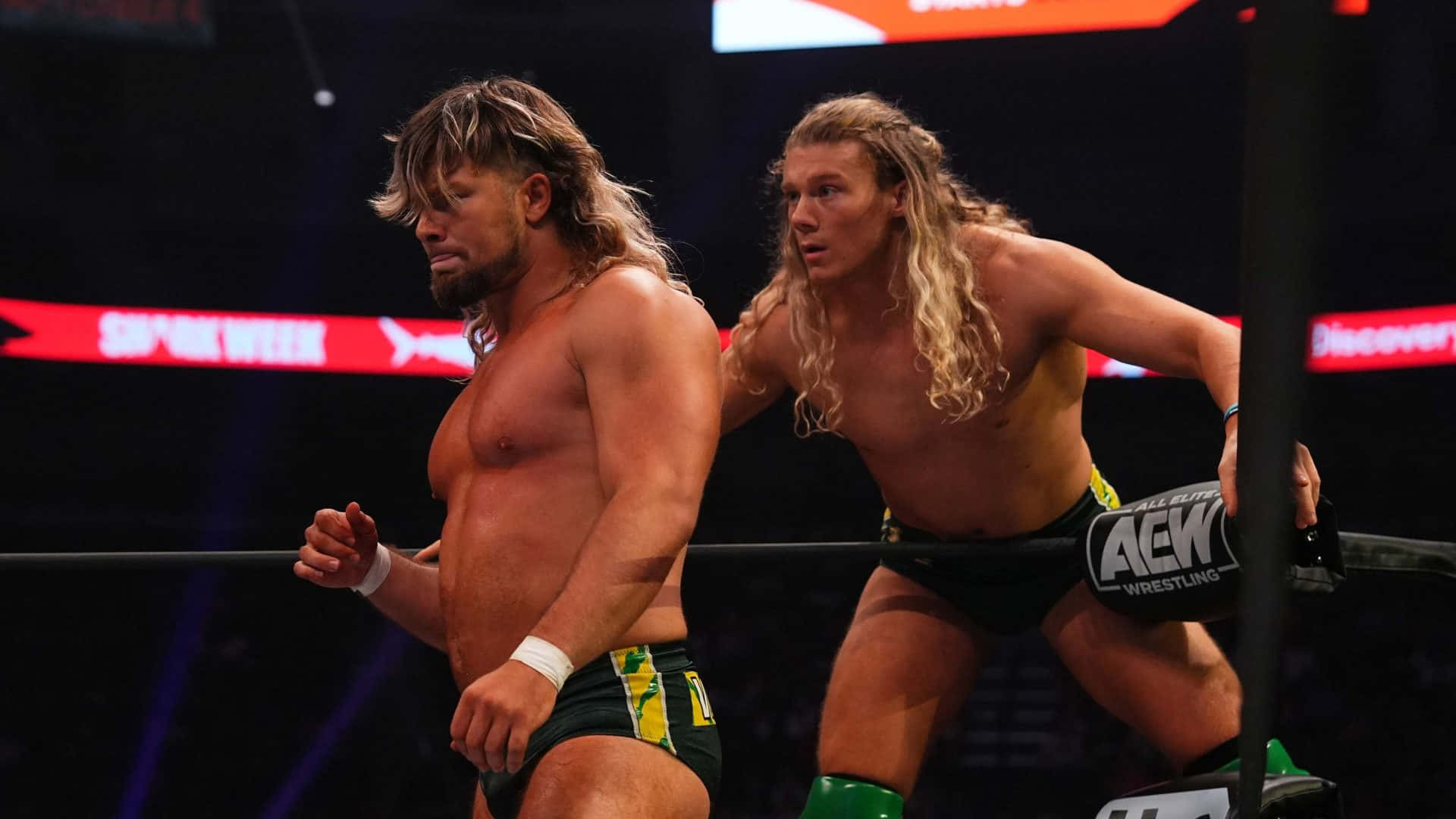WWE 桌布 壁紙 — 兩名肌肉發達、長髮的摔角手在明亮的場館燈光下緊張地站在擂台上，比賽進行中。