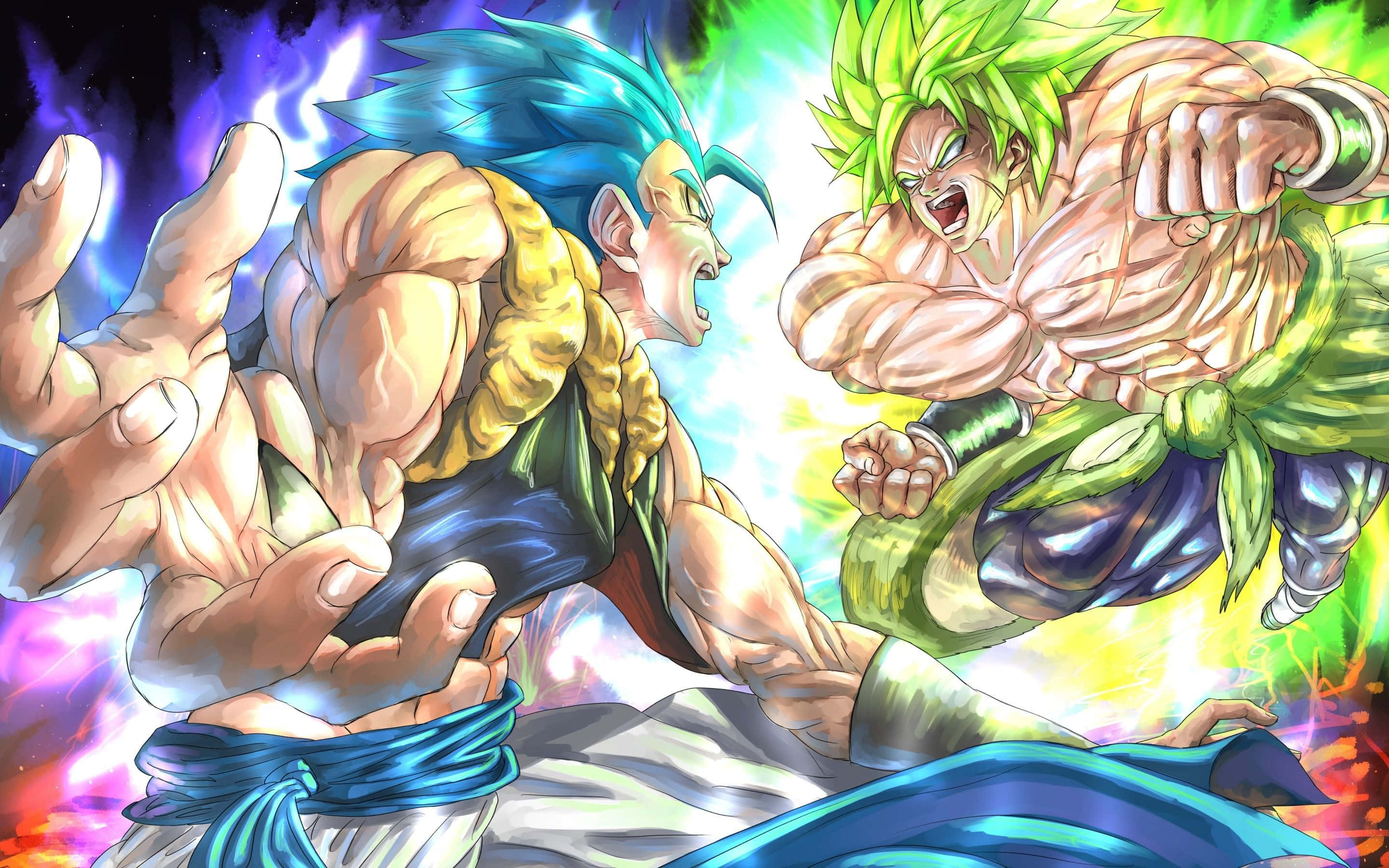 Dragon Ball Z Broly 桌布 壁紙 — 兩名肌肉發達、頭髮尖刺的動漫戰士在宇宙背景下進行一場充滿活力的能量戰鬥。