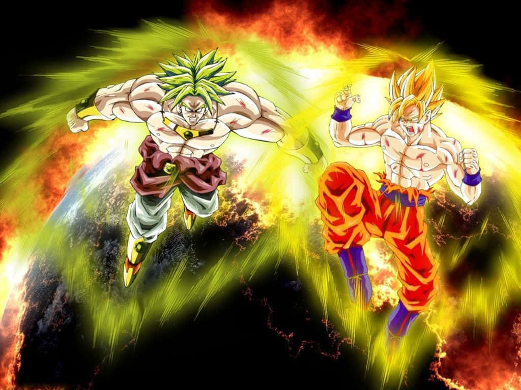 Dragon Ball Z Broly 桌布 壁紙 — 兩名肌肉發達、頭髮尖刺的動漫戰士在一個被火焰能量爆發吞噬的行星上空半空中碰撞。