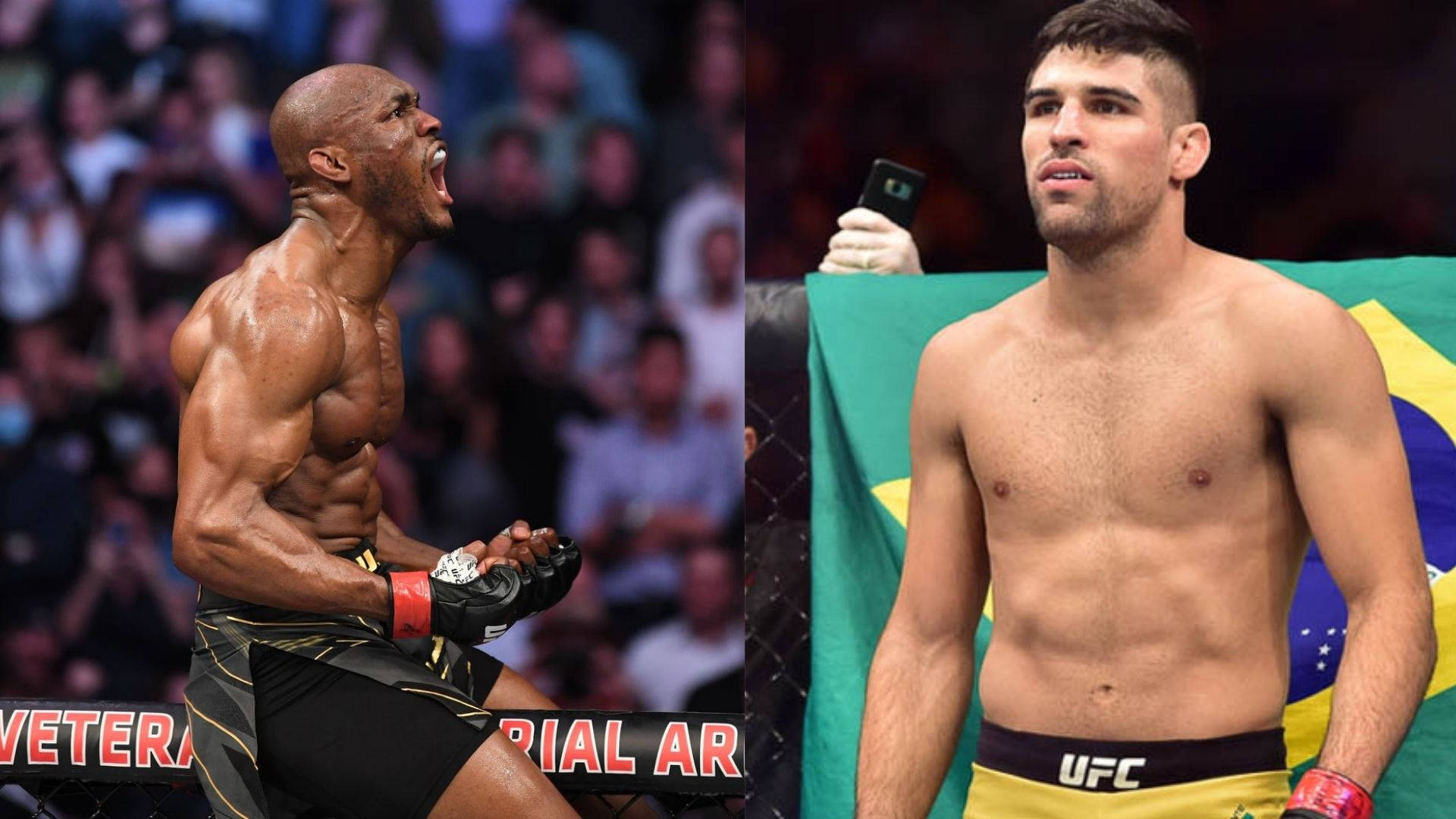 MMA 桌布 壁紙 — 兩名肌肉發達的MMA拳手，一名勝利咆哮，另一名冷靜站立，手持巴西國旗，在擠滿觀眾的場館中。