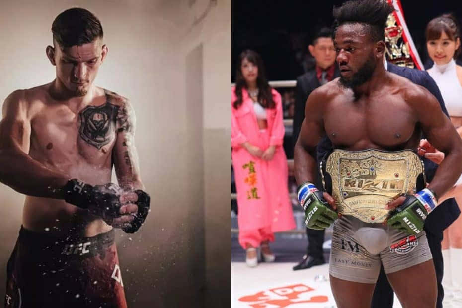 UFC 桌布 壁紙 — 兩名肌肉發達的MMA拳手，一名用粉筆手套準備，另一名在擂台上自豪地舉起冠軍腰帶。