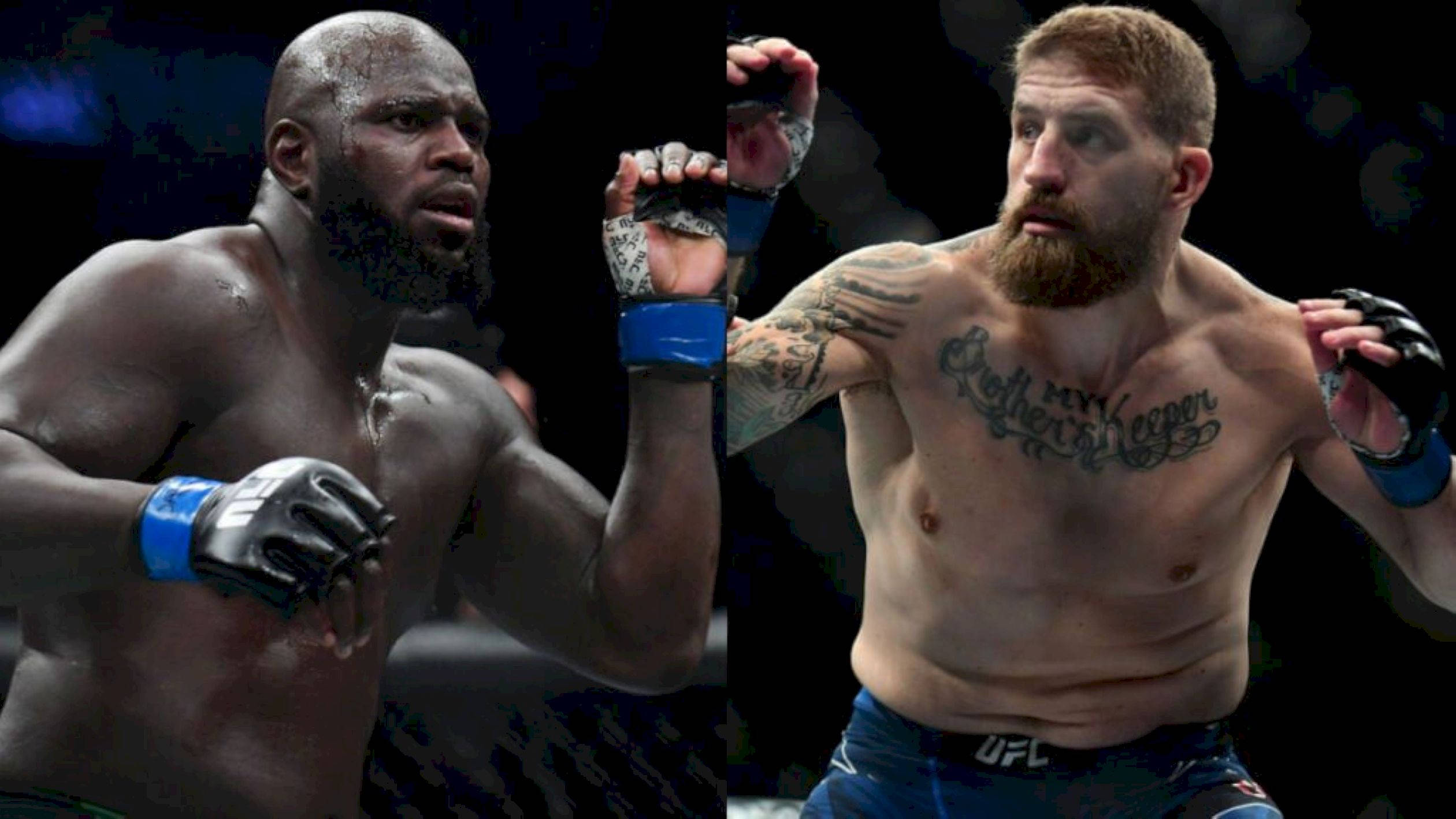 MMA 桌布 壁紙 — 兩名肌肉發達的MMA拳手以戰鬥姿勢站立，身上有刺青並戴著手套，背景是黑暗的競技場。