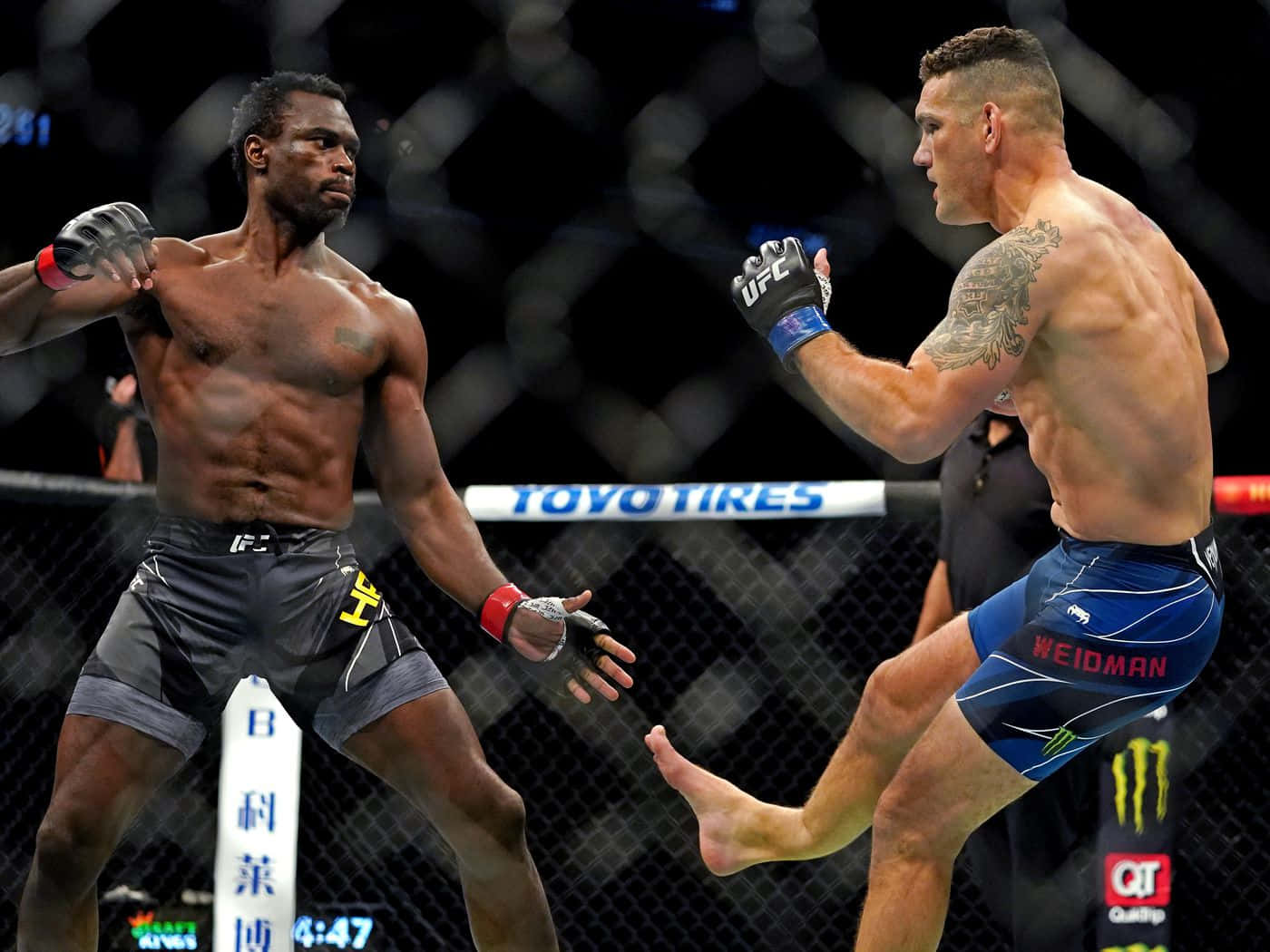 MMA 桌布 壁紙 — 兩名肌肉發達的MMA拳手在八角籠中交鋒，一人使出高踢，另一人在明亮的場館燈光下防守。