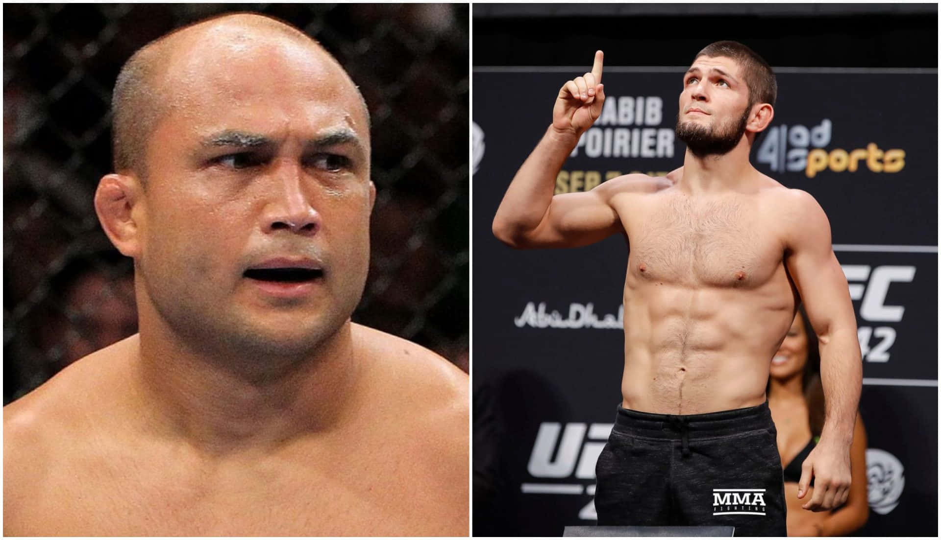 MMA 桌布 壁紙 — 兩名肌肉發達的MMA拳手在八角籠中，一個近距離特寫表情強烈，另一個自信地向上指。