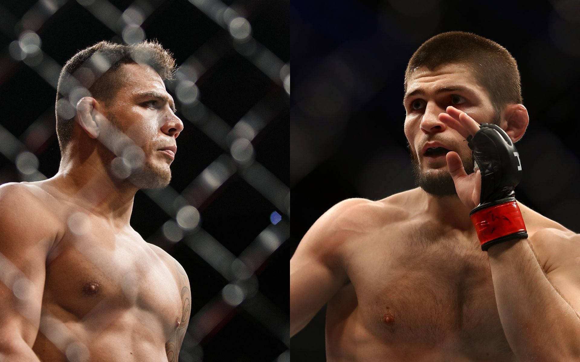 MMA 桌布 壁紙 — 兩名肌肉發達的MMA拳手在八角籠中，一人凝視，另一人用戴著手套的手擦臉。