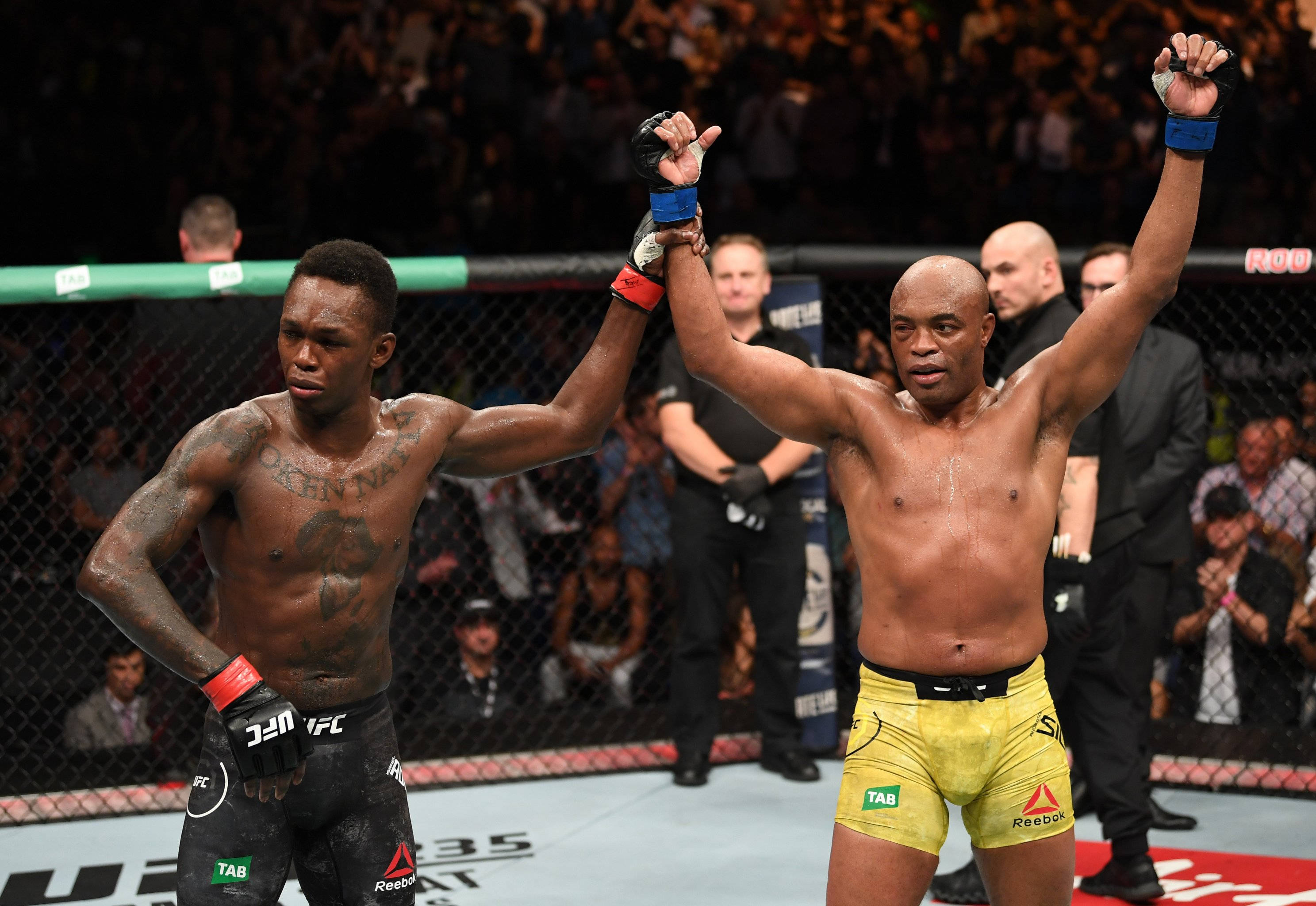 Adesanya 桌布 壁紙 — 兩名肌肉發達的MMA拳手在八角籠中高舉雙臂，在明亮的場館燈光下慶祝勝利。