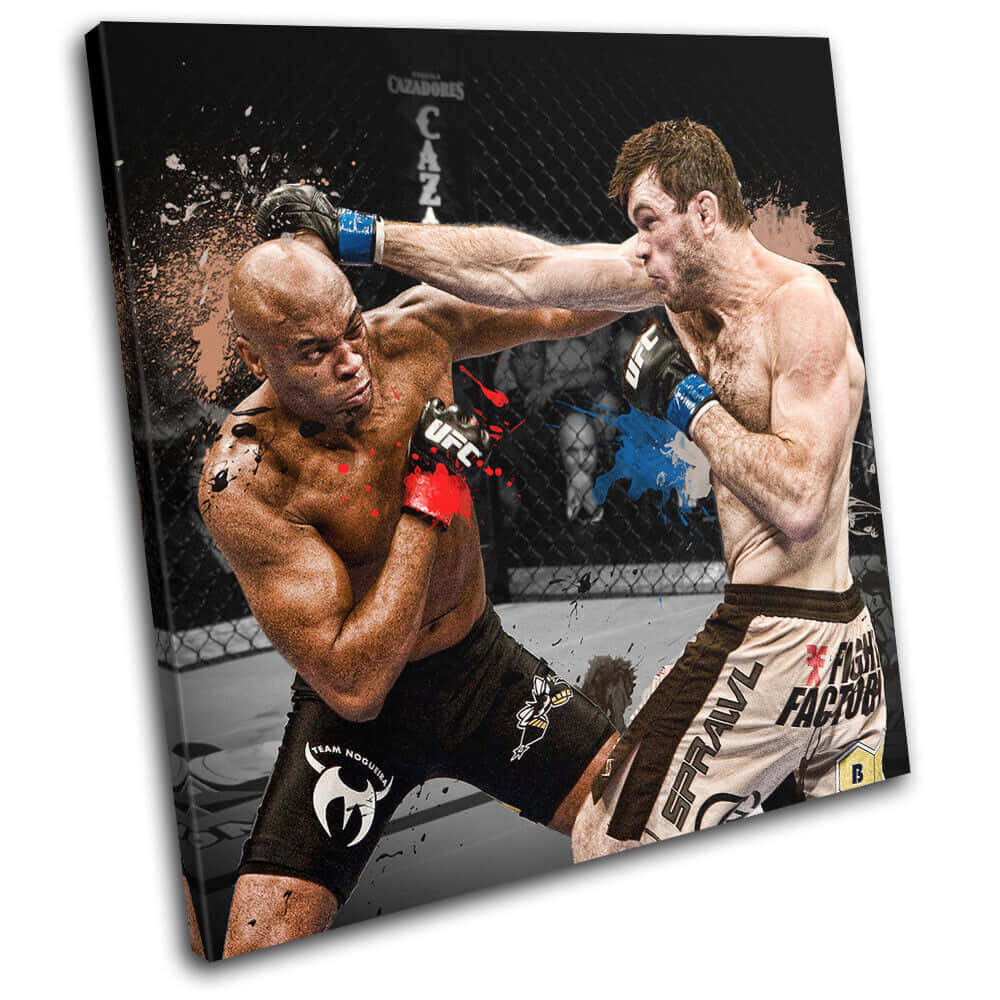 martial arts 桌布 壁紙 — 兩名肌肉發達的MMA拳手在八角籠中激烈交鋒，帶有油漆飛濺和強烈的表情。