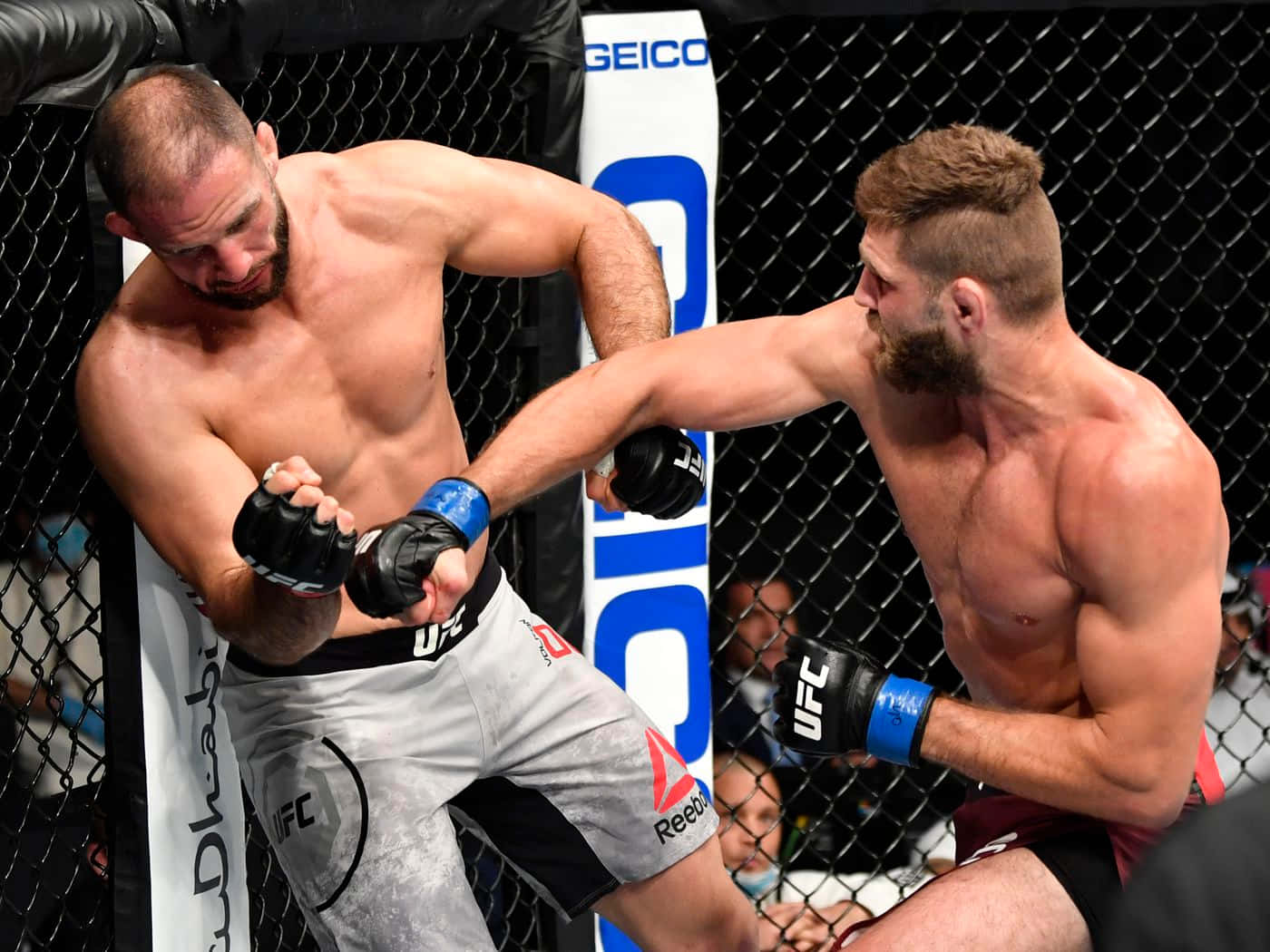 MMA 桌布 壁紙 — 兩名肌肉發達的MMA拳手在激烈的鐵籠賽中交鋒，其中一人打出強力一拳。