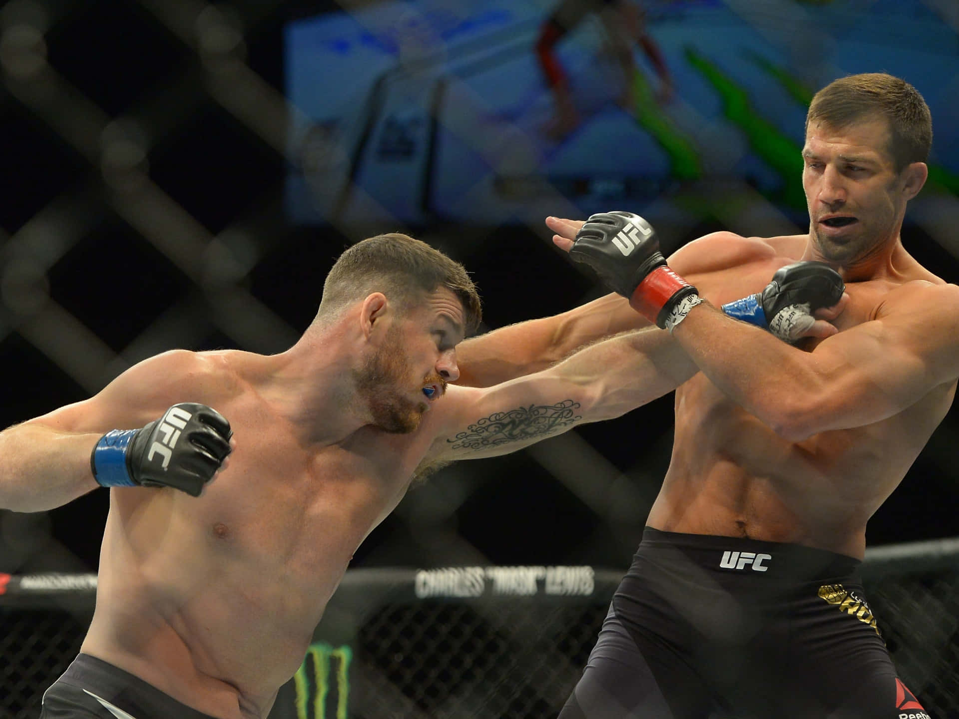 MMA 桌布 壁紙 — 兩名肌肉發達的MMA拳手在激烈的鐵籠賽中交鋒，其中一人打出強力一拳。