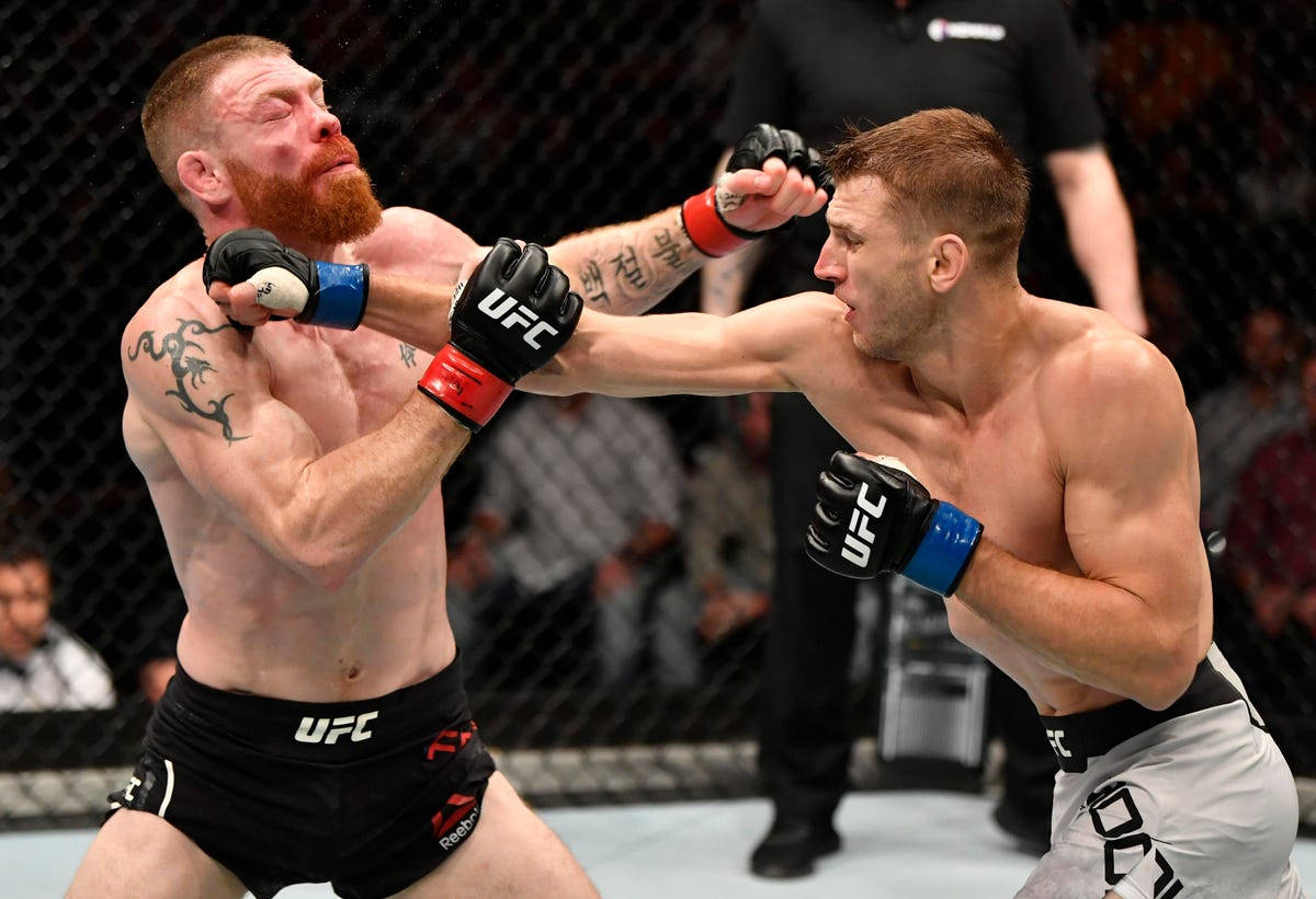 UFC 桌布 壁紙 — 兩名肌肉發達的MMA拳手在激烈的籠鬥中交鋒，其中一人打出強力一拳。