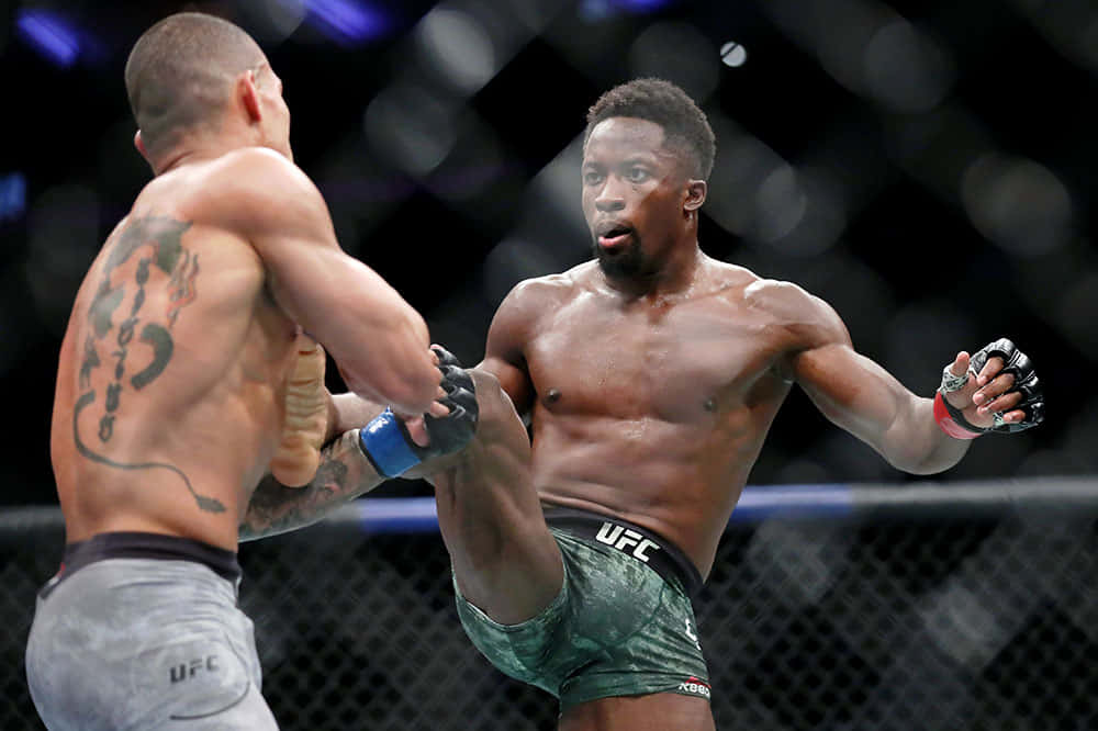 UFC 桌布 壁紙 — 兩名肌肉發達的MMA拳手在激烈的鐵籠賽中交鋒，一人使出高踢，另一人則進行阻擋。