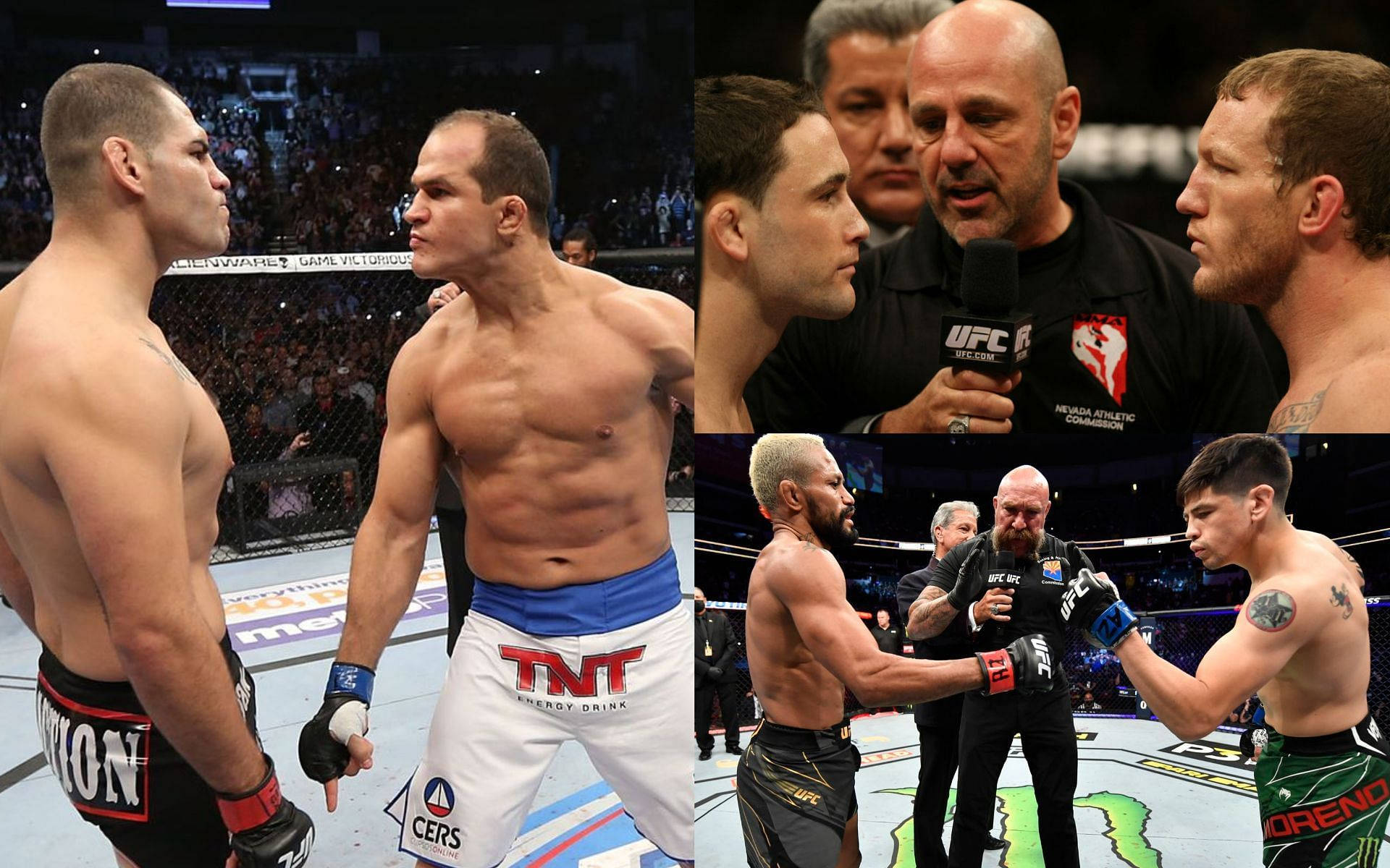 運動 桌布 壁紙 — 兩名肌肉發達的MMA拳手在燈光明亮的八角籠中對峙，背景有裁判和人群。