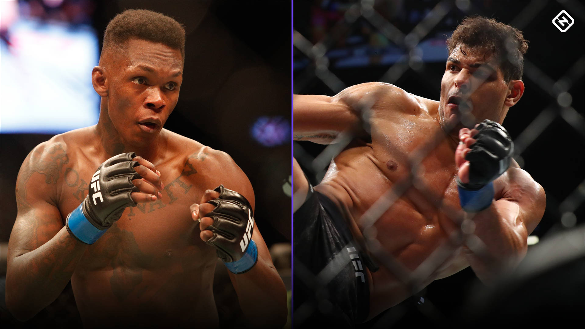 UFC 桌布 壁紙 — 兩名肌肉發達的MMA拳手在籠中，一人處於防守姿勢，另一人正揮拳，汗水在他們的皮膚上閃閃發光。