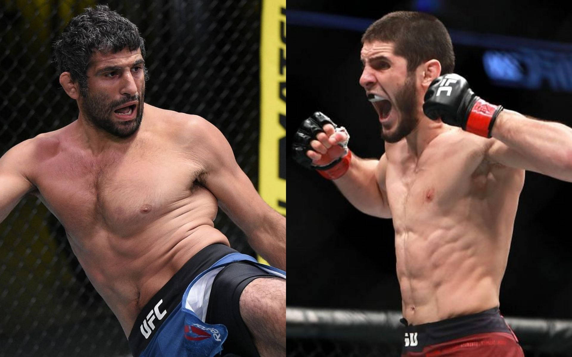 MMA 桌布 壁紙 — 兩名肌肉發達的MMA拳手在籠中，一人踢腿時表情痛苦，另一人高舉拳頭勝利咆哮。