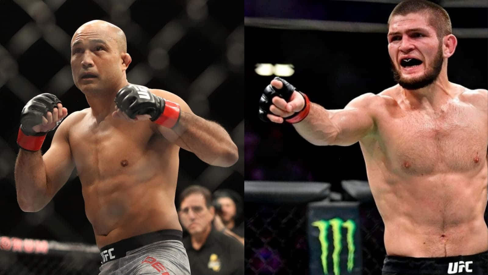 UFC 桌布 壁紙 — 兩名肌肉發達的MMA拳手身穿八角籠裝備，在明亮的場館燈光下於UFC比賽中高度專注。