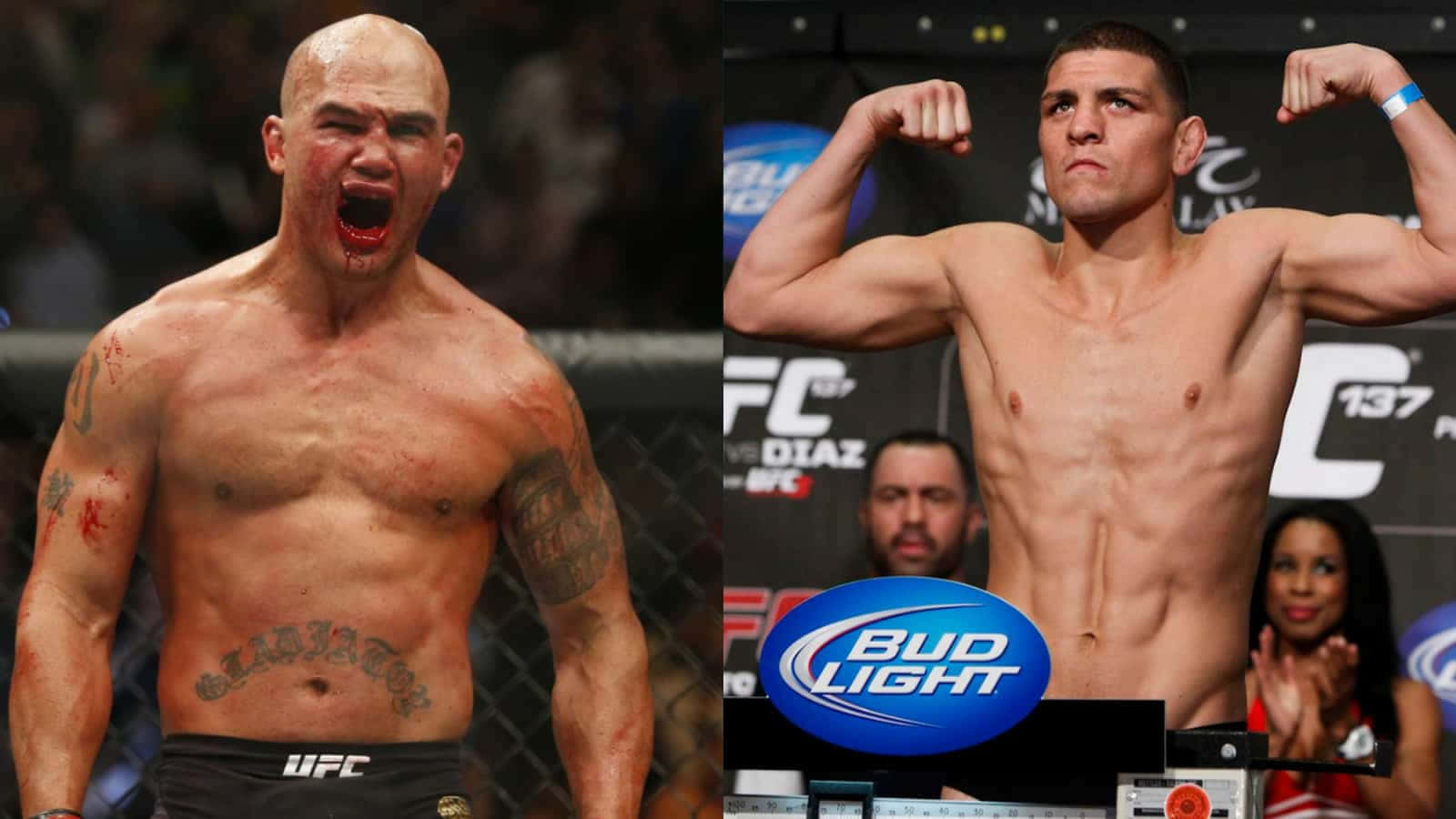 UFC 桌布 壁紙 — 兩名肌肉發達的UFC拳手，一名在八角籠中渾身是血並咆哮，另一名在稱重時自信地擺姿勢。