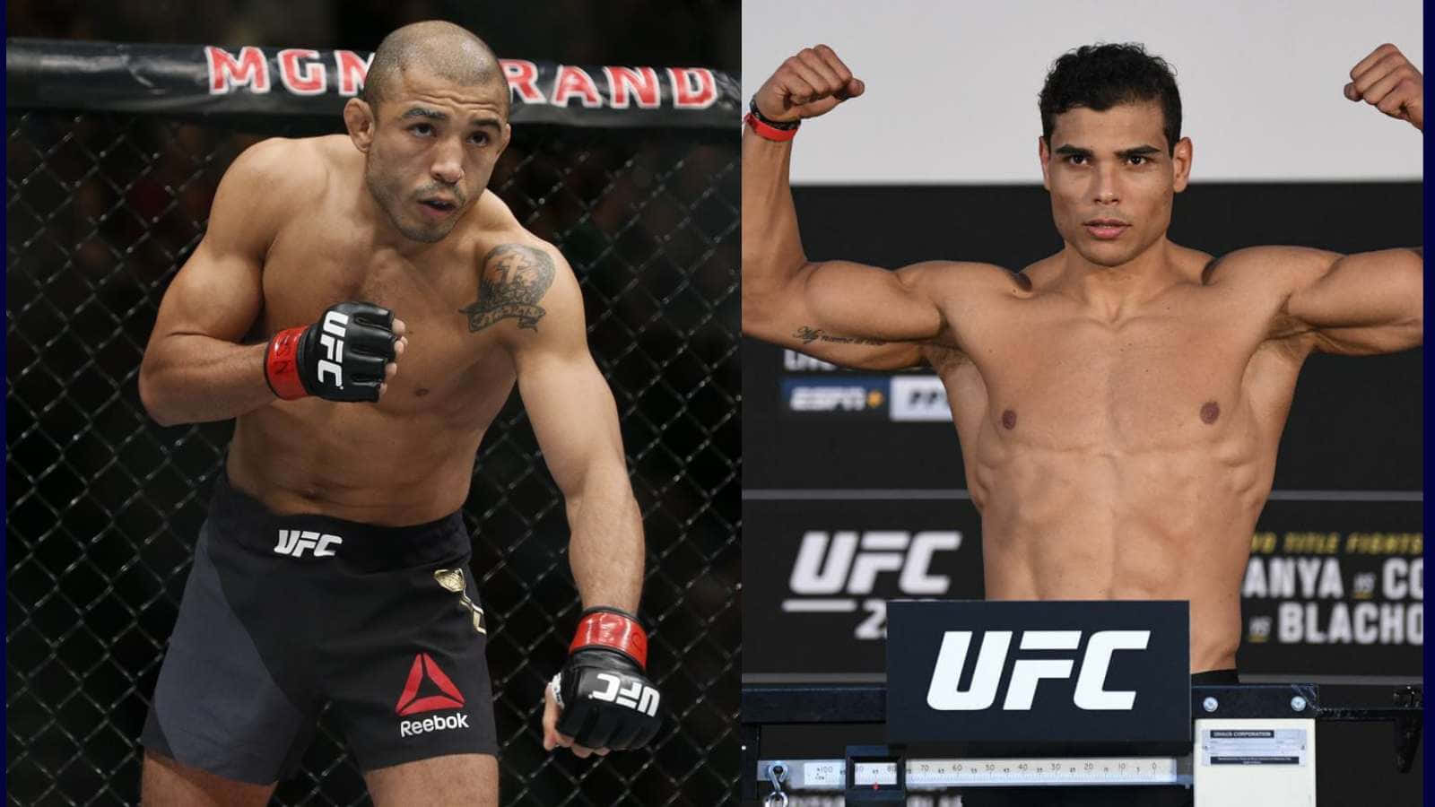 UFC 桌布 壁紙 — 兩名肌肉發達的UFC拳手，一名在八角籠內擺出戰鬥姿勢，另一名在稱重活動中展示肌肉。