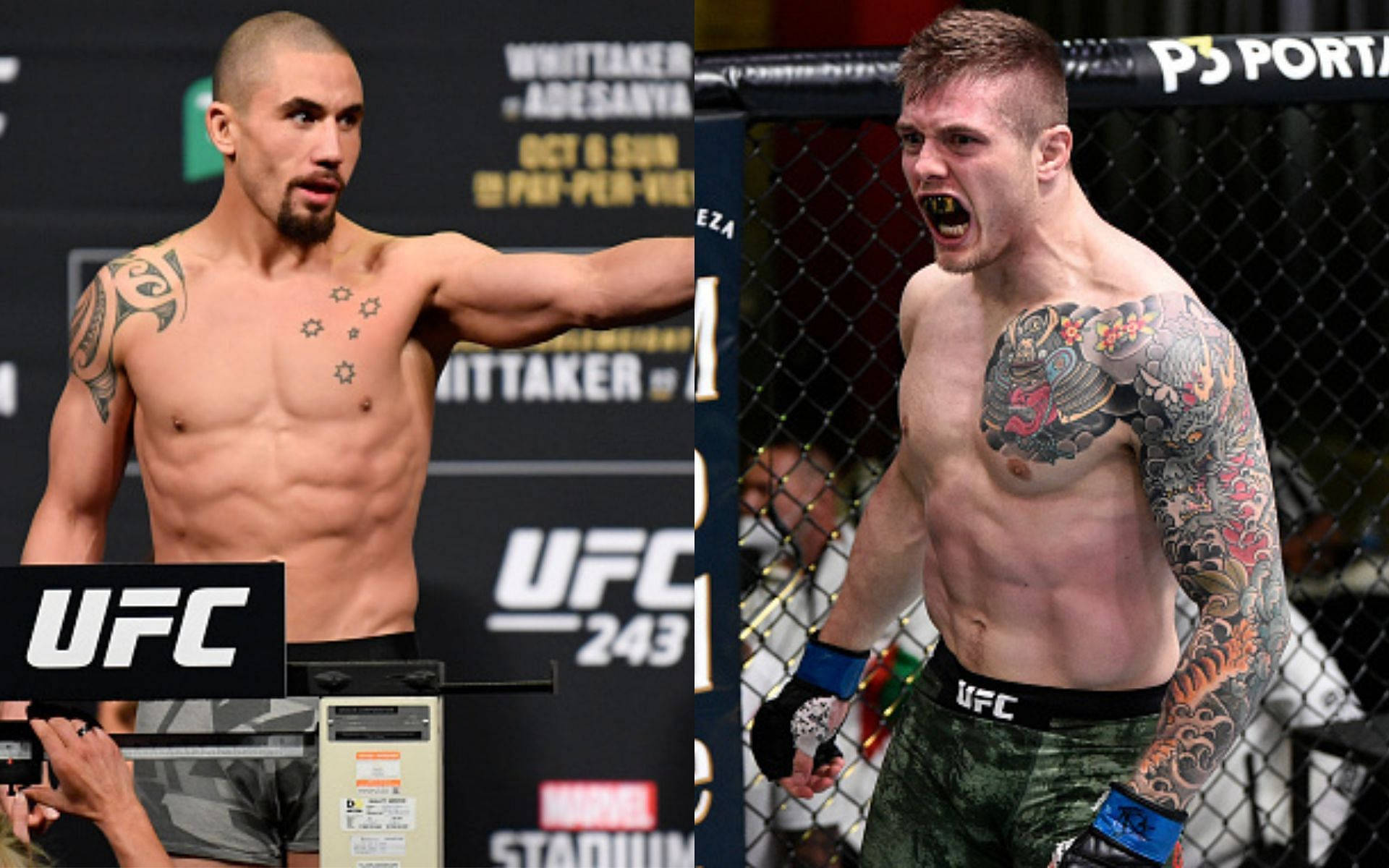 MMA 桌布 壁紙 — 兩名肌肉發達的UFC拳手，一名在稱重時有刺青，另一名在八角籠中咆哮