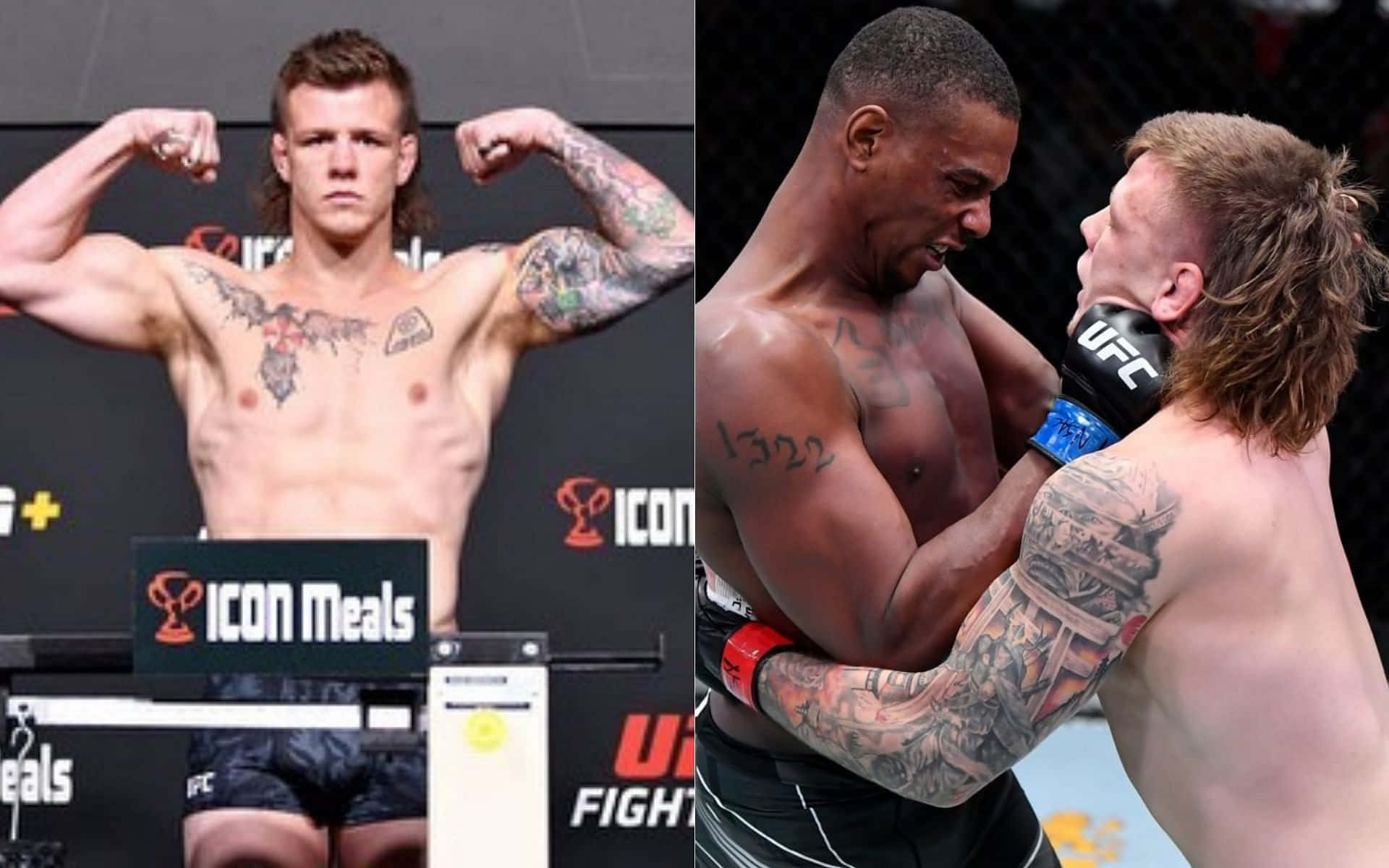 UFC 桌布 壁紙 — 兩名肌肉發達的UFC拳手，一名對著鏡頭擺姿勢，另一名在稱重和比賽中陷入激烈的纏鬥。