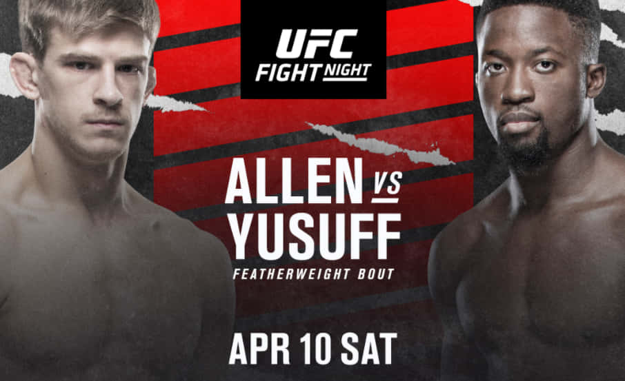 UFC 桌布 壁紙 — 兩名肌肉發達的UFC拳手在一個大膽的紅黑圖形背景前凝視，宣傳他們的羽量級比賽。
