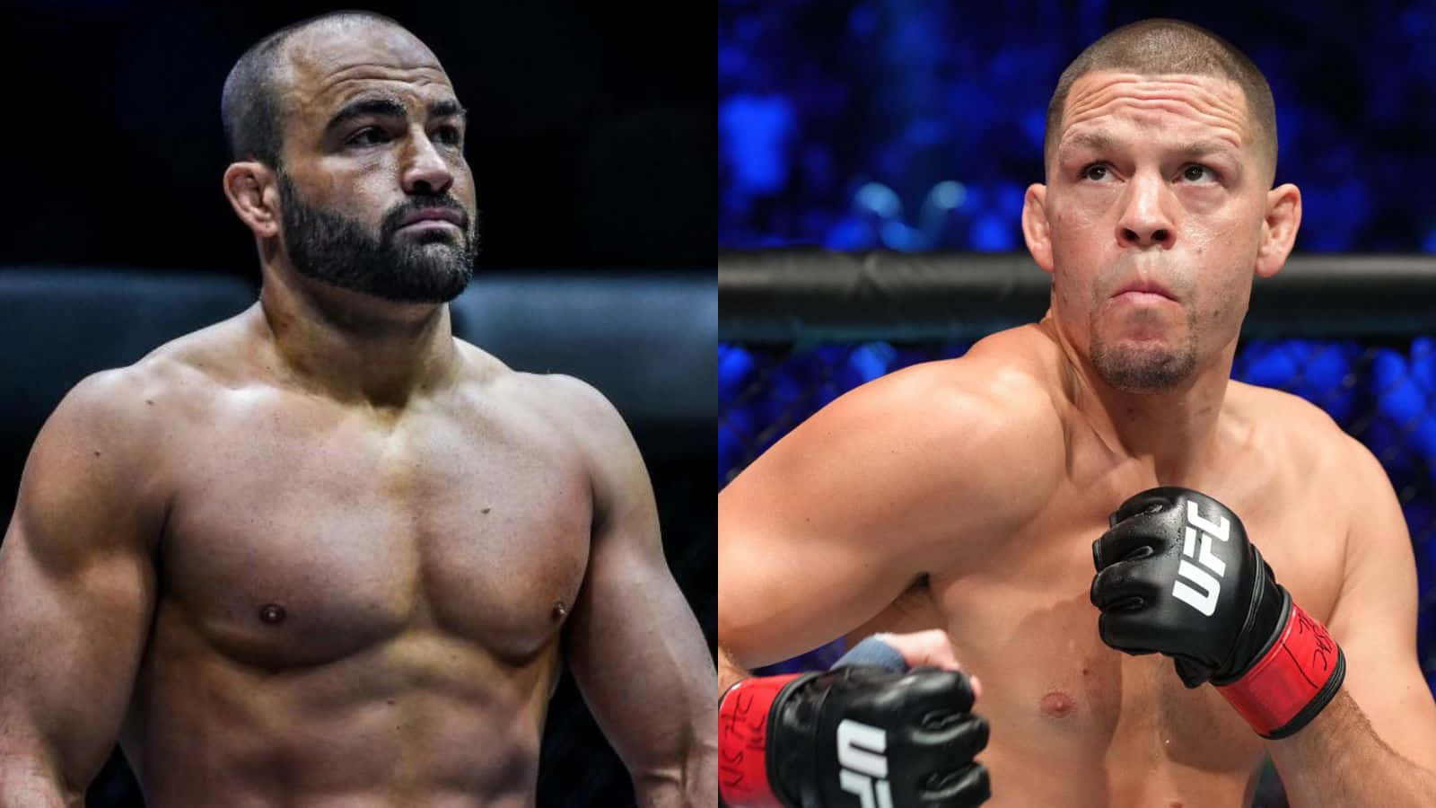 UFC 桌布 壁紙 — 兩名肌肉發達的UFC拳手在八角籠中激烈對視，一人赤裸上身留鬍鬚，另一人戴紅色手套，在藍色燈光下。