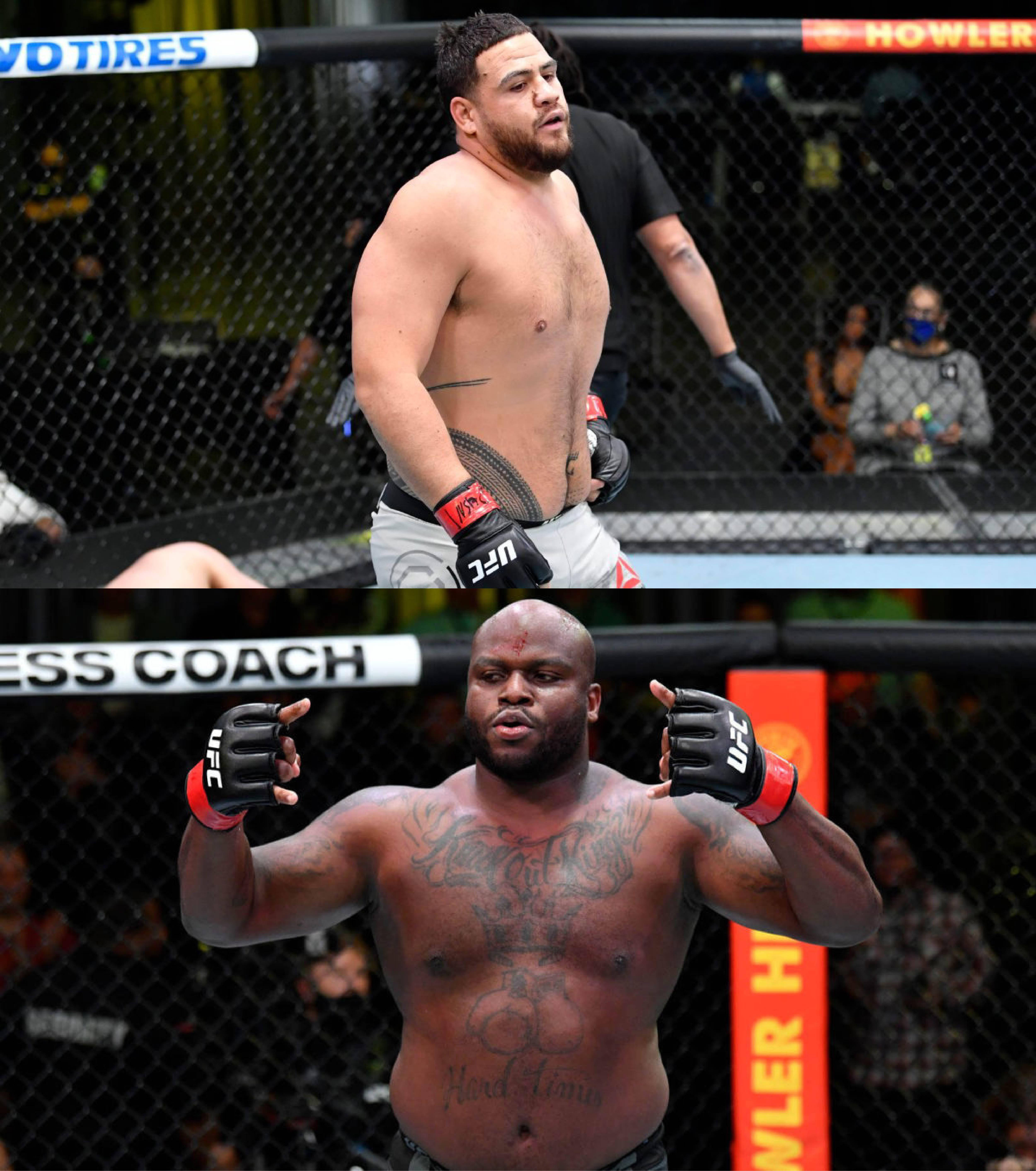 MMA 桌布 壁紙 — 兩名肌肉發達的UFC拳手在八角籠中，一名有刺青正在屈臂，另一名有鬍鬚正在向上看。