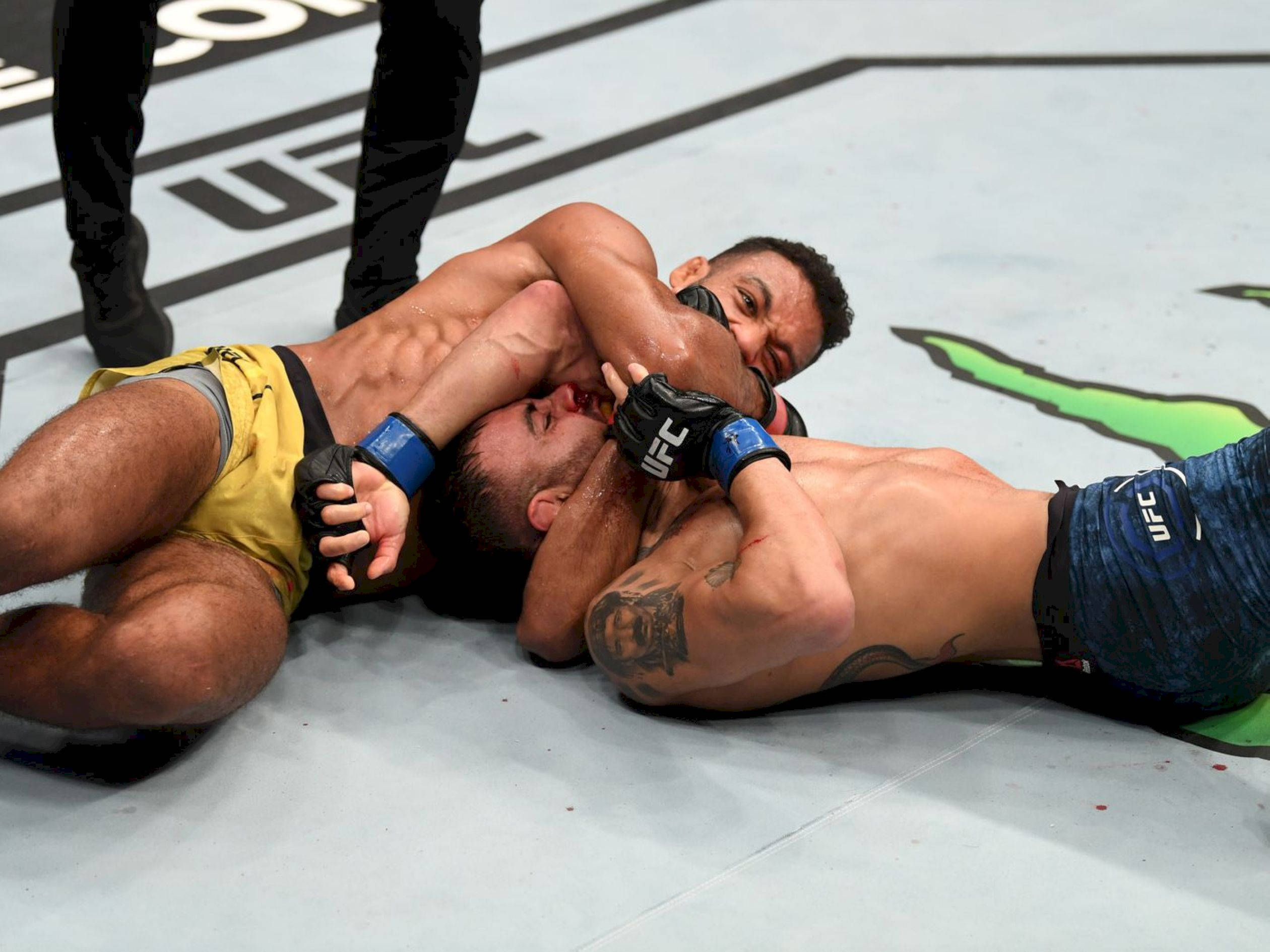 MMA 桌布 壁紙 — 兩名肌肉發達的UFC拳手在八角籠墊上激烈纏鬥，其中一人施展鎖喉技。
