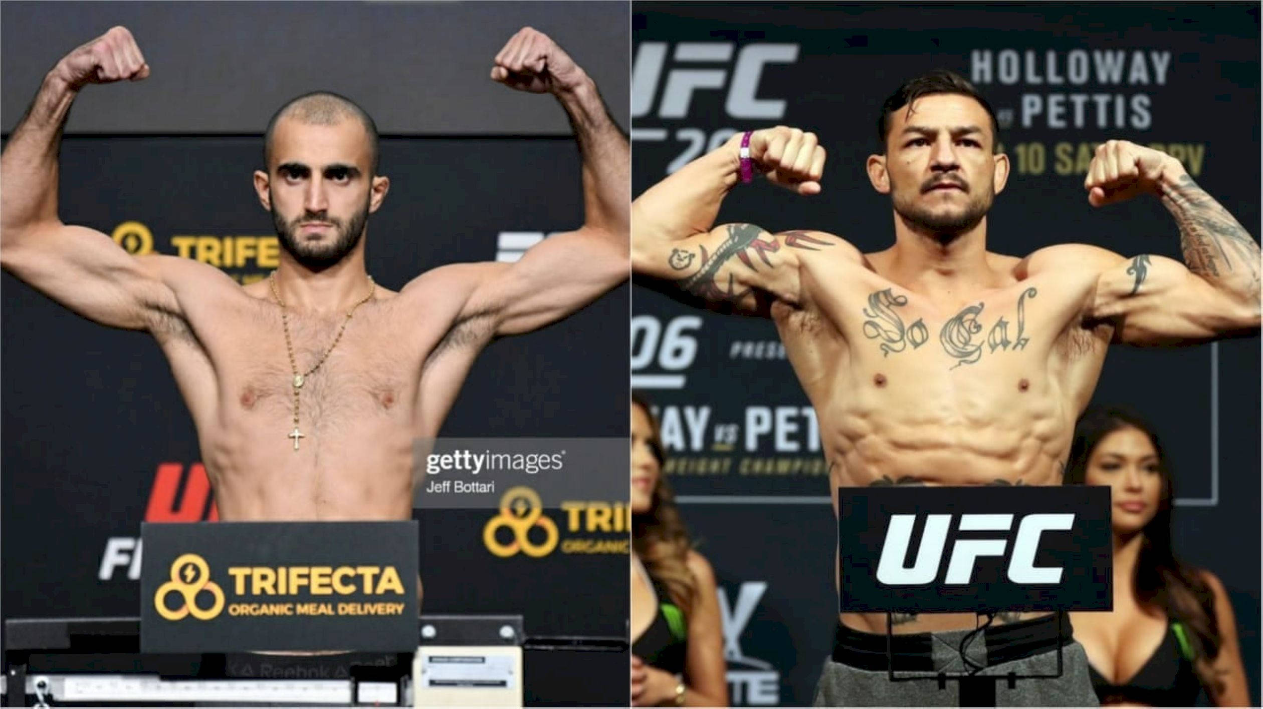 UFC 桌布 壁紙 — 兩名肌肉發達的UFC拳手在帶有品牌背景和標誌的稱重台上彎曲手臂。