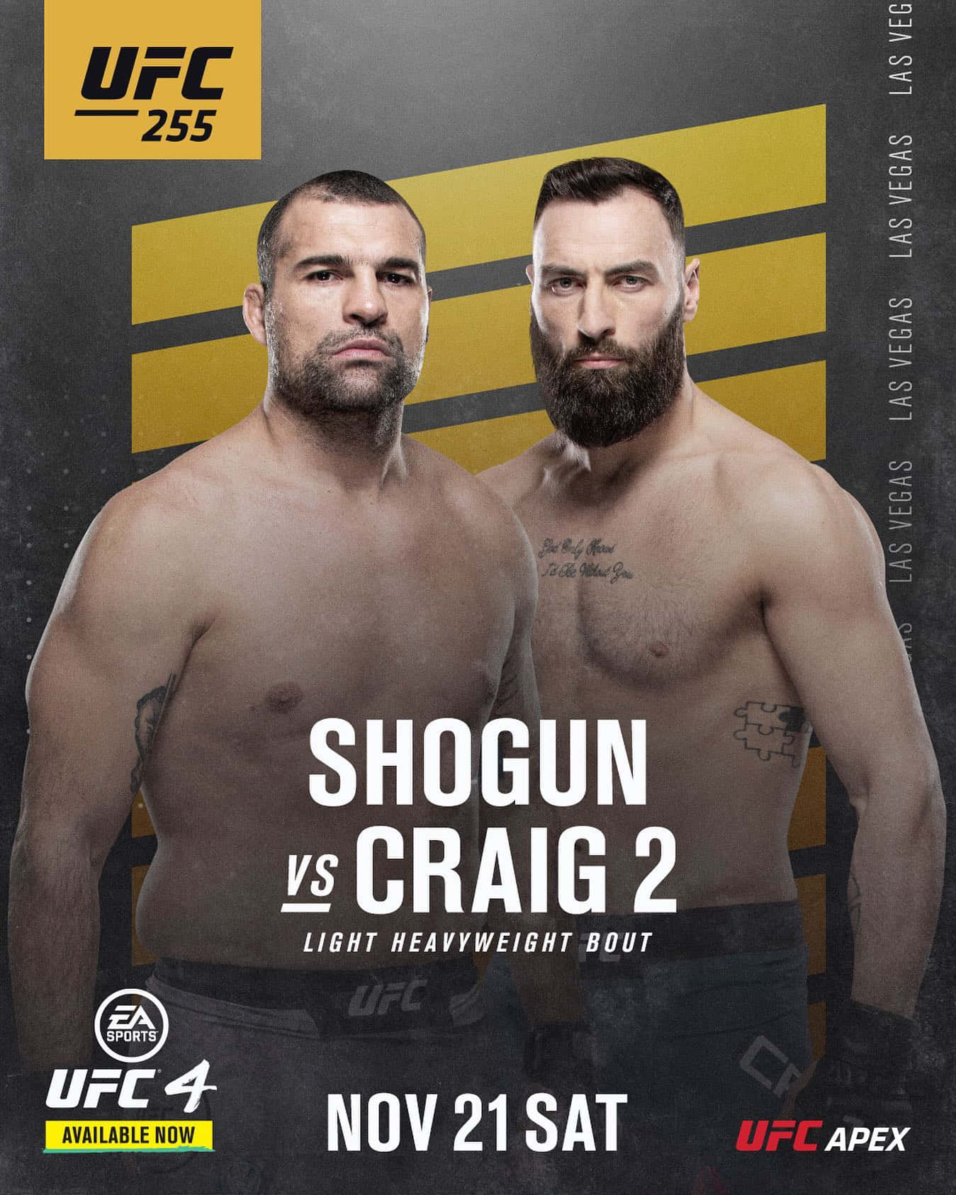UFC 桌布 壁紙 — 兩名肌肉發達的UFC拳手在推廣UFC 255的大膽黃黑圖形背景下凝視著對方。
