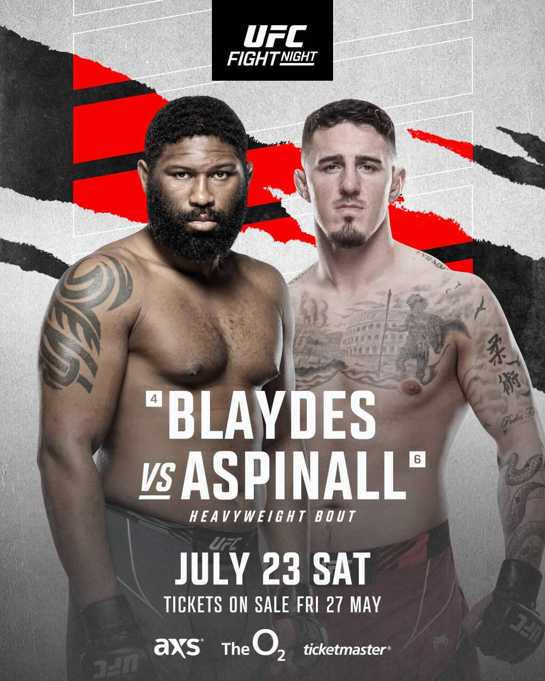 UFC 桌布 壁紙 — 兩名肌肉發達的UFC拳手在搶眼的紅、黑、白圖形背景前，凝視著鏡頭。