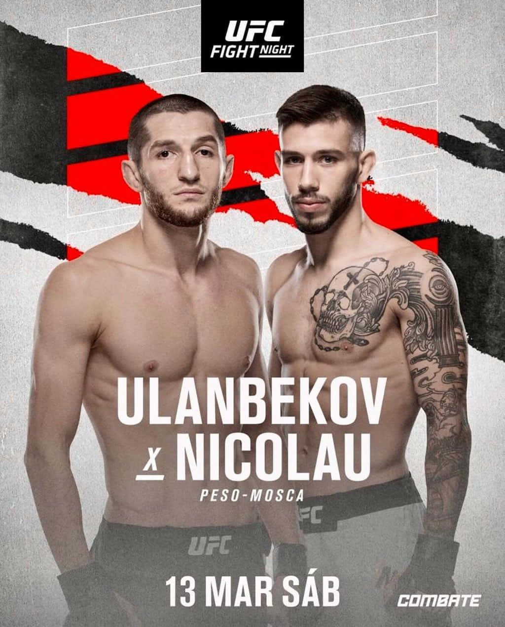 MMA 桌布 壁紙 — 兩名肌肉發達的UFC拳手在撕裂的紅、黑、灰圖形背景前凝視。