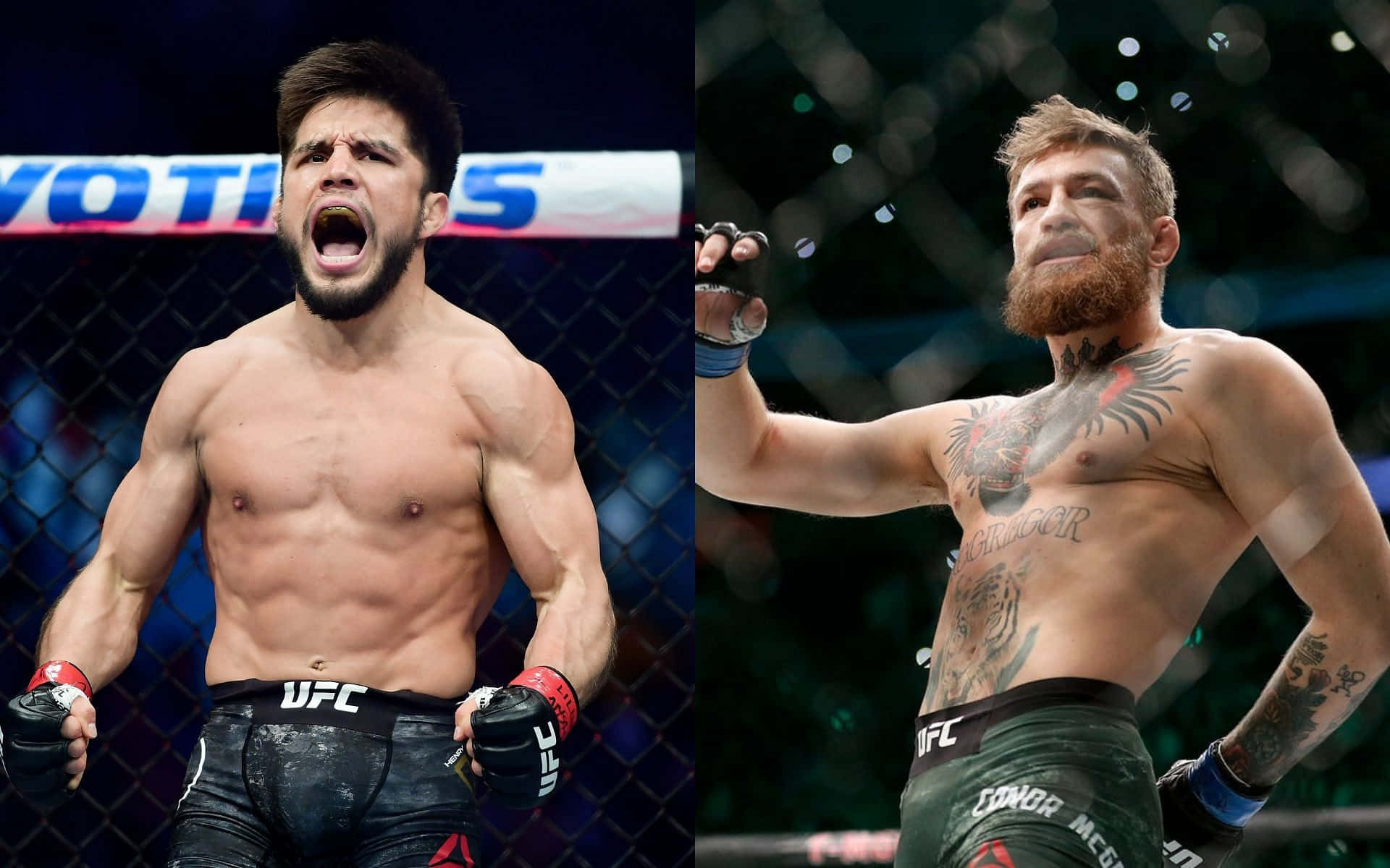UFC 桌布 壁紙 — 兩名肌肉發達的UFC拳手在明亮的場館燈光下，於八角籠內發出勝利的怒吼。