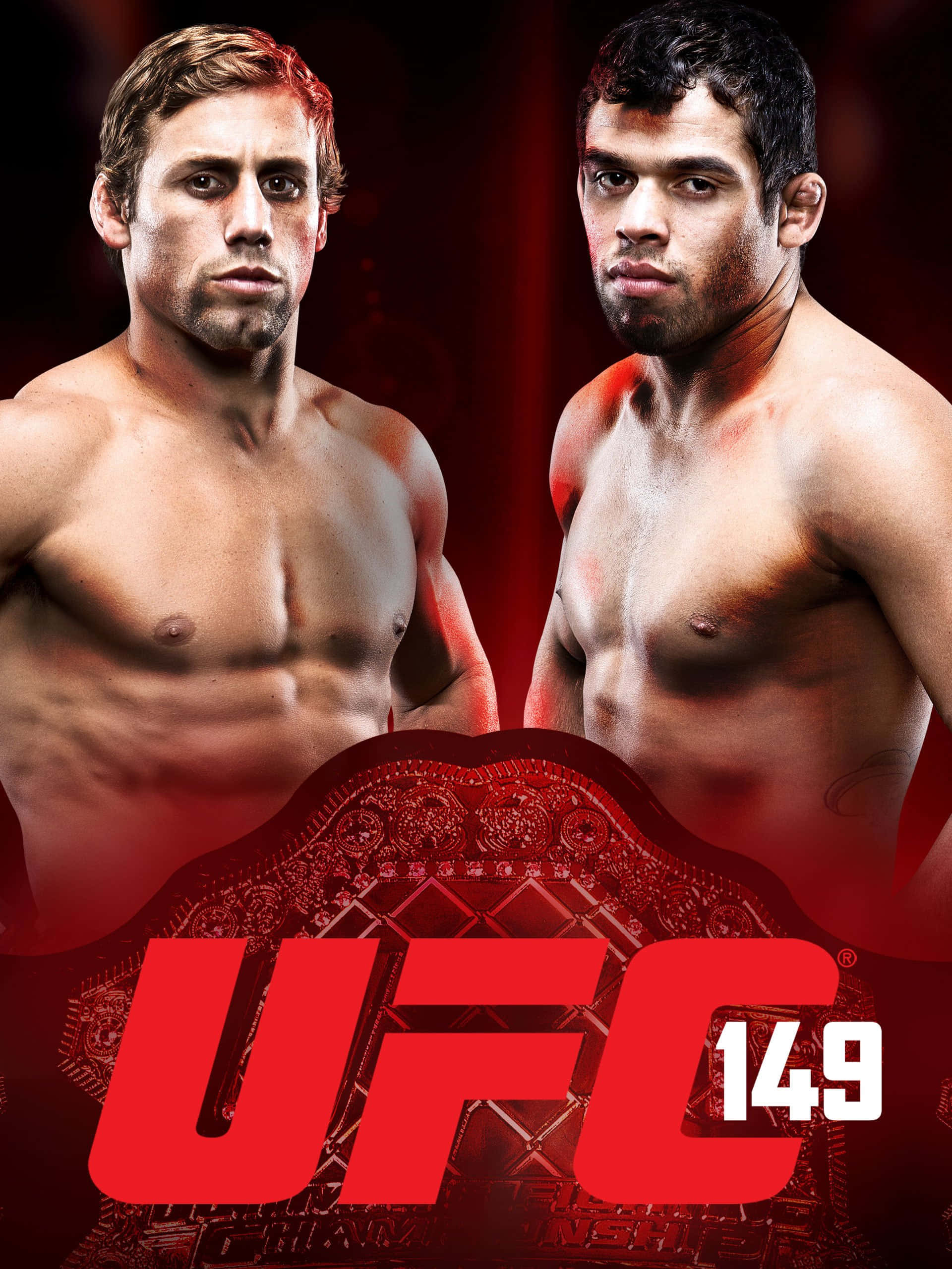 UFC 桌布 壁紙 — 兩名肌肉發達的UFC拳手在深紅色背景前凝視，下方有冠軍腰帶和活動標誌。