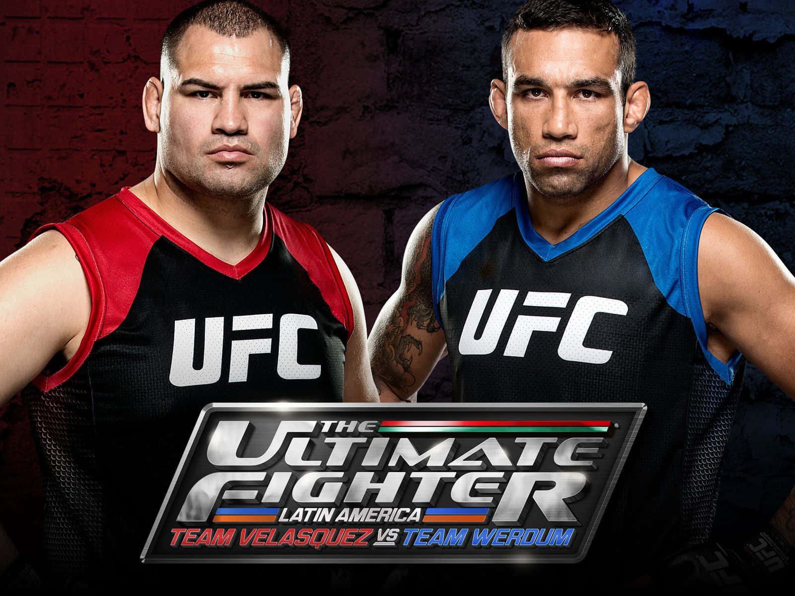poster 桌布 壁紙 — 兩名肌肉發達的UFC拳手在深色磚牆前，下方有冠軍品牌標誌，強烈地凝視鏡頭。
