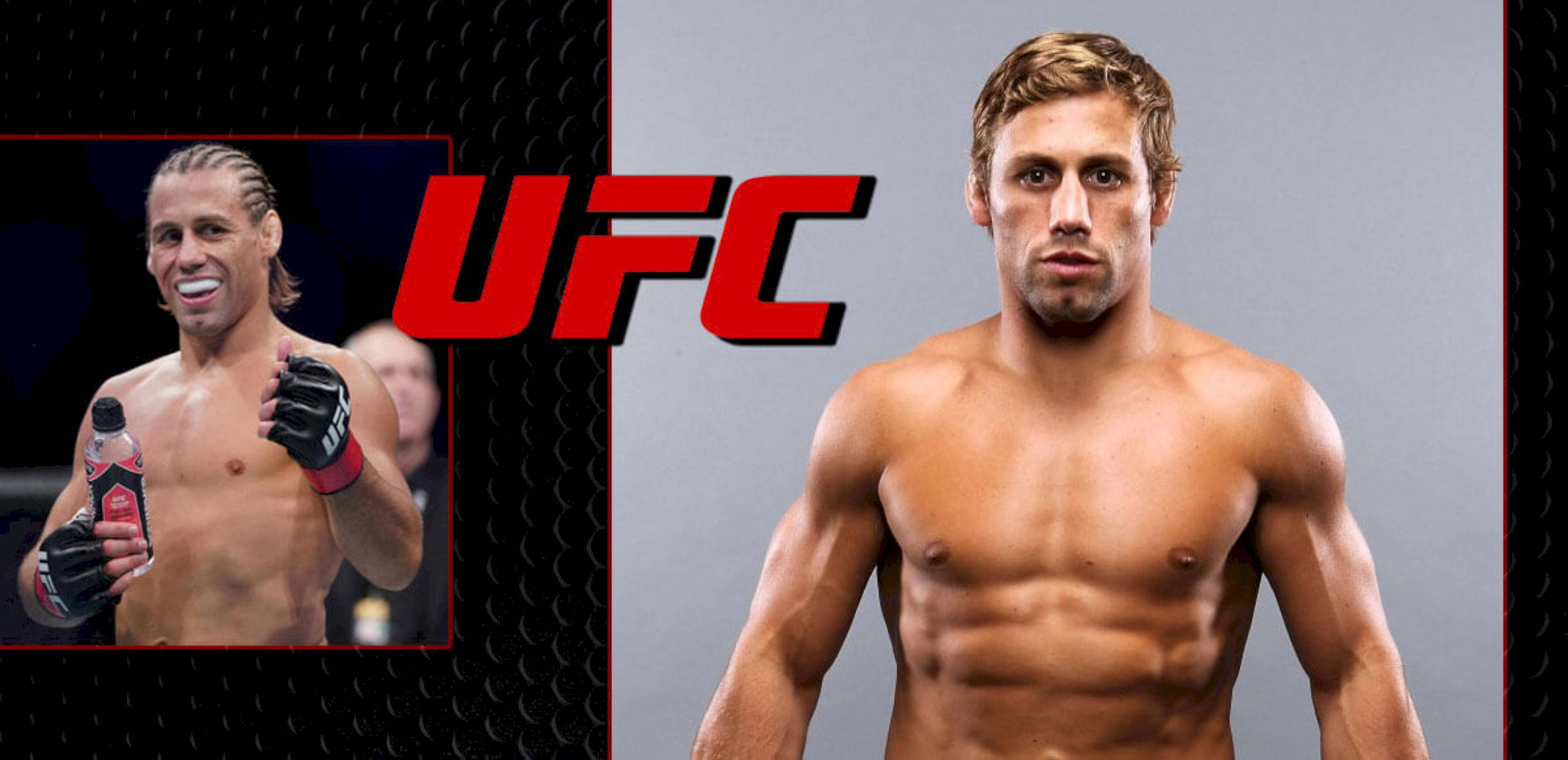 UFC 桌布 壁紙 — 兩名肌肉發達的UFC拳手在深色紋理背景前擺姿勢，帶有醒目的紅色UFC標誌。