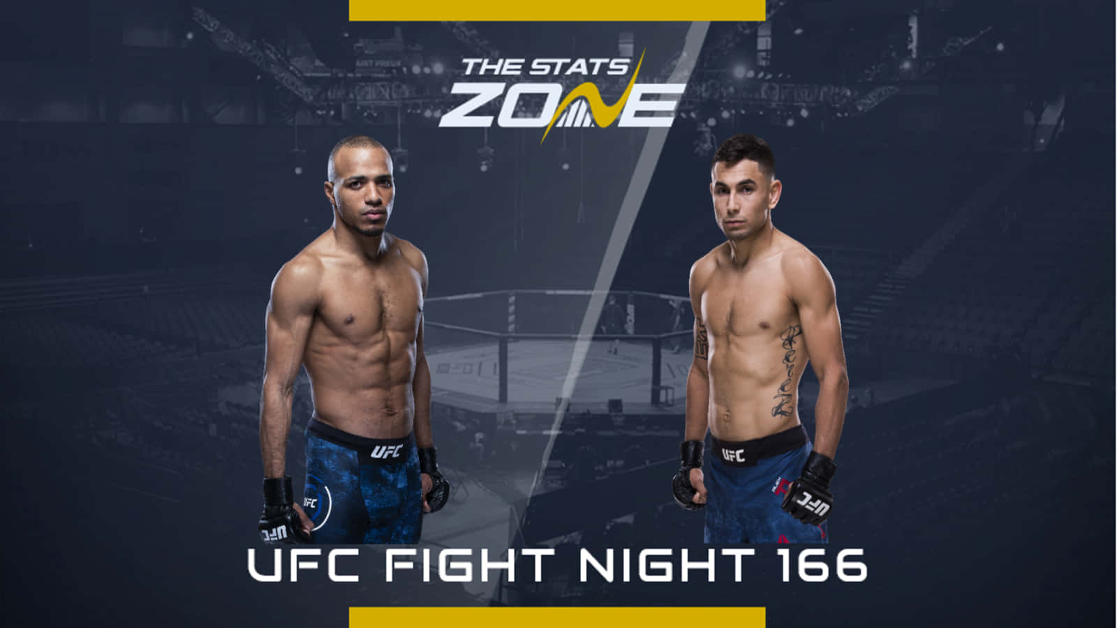 MMA 桌布 壁紙 — 兩名肌肉發達的UFC拳手在燈光昏暗的八角籠中對峙，帶有「UFC Fight Night 166」文字疊加。