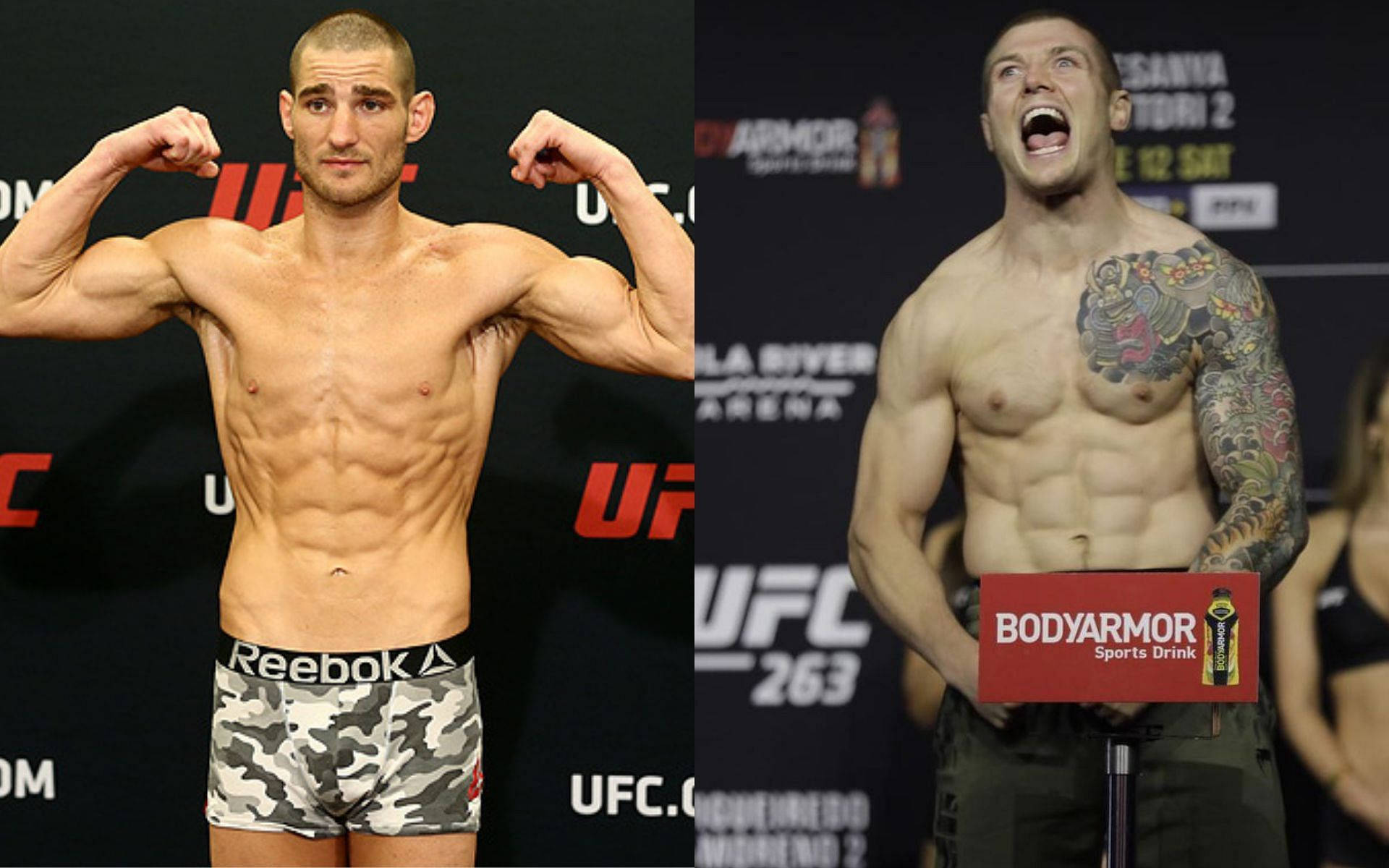 MMA 桌布 壁紙 — 兩名肌肉發達的UFC拳手在稱重時赤裸上身擺姿勢，一人冷靜地屈肌，另一人帶著紋身手臂咆哮。