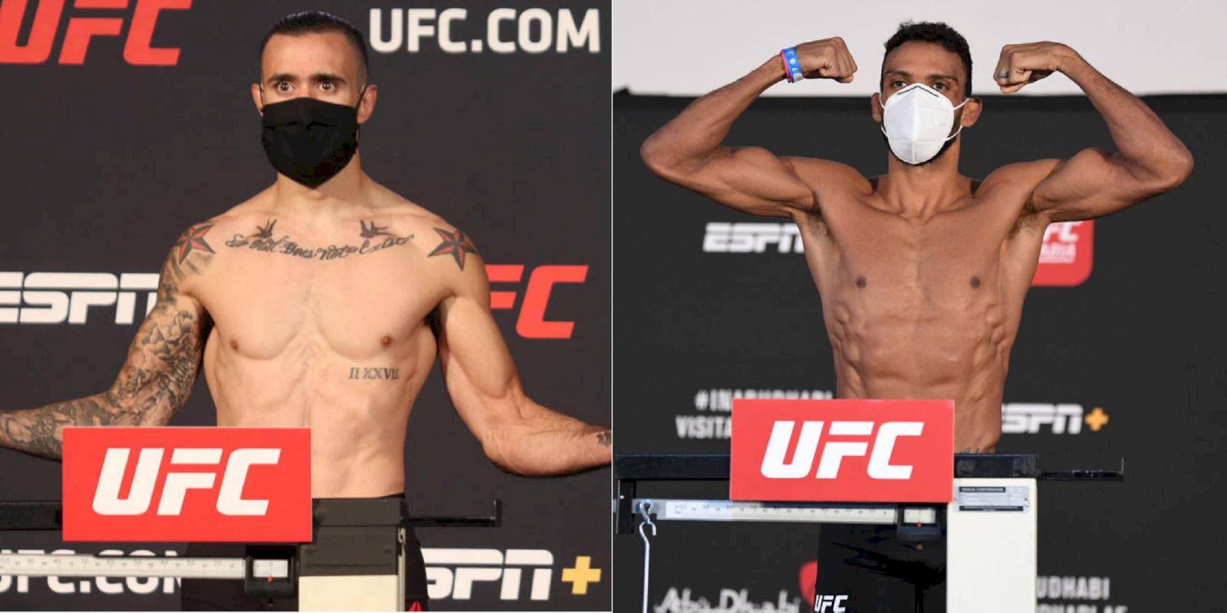 UFC 桌布 壁紙 — 兩名肌肉發達的UFC拳手在稱重時展示肌肉，背景黑暗，帶有品牌秤和口罩。
