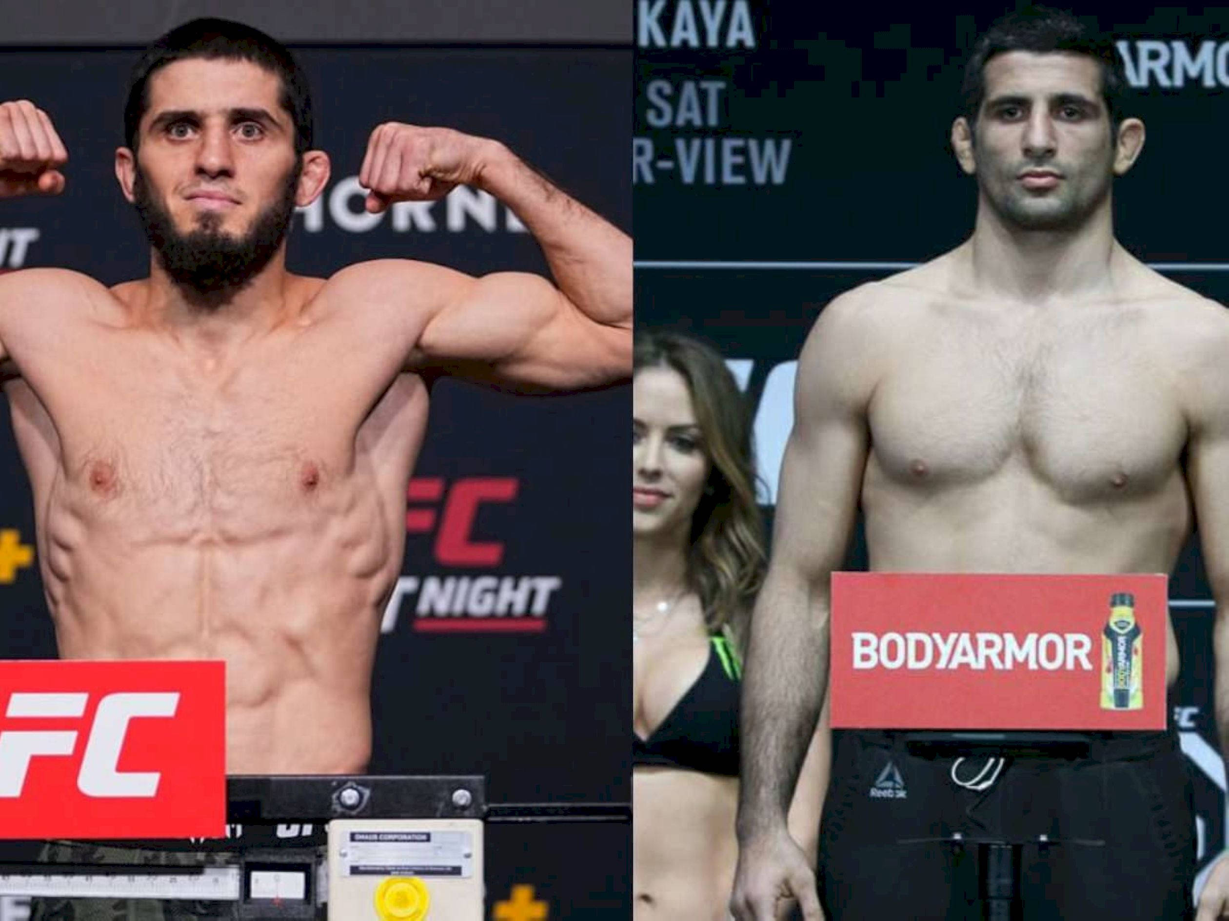 MMA 桌布 壁紙 — 兩名肌肉發達的UFC拳手在稱重活動中赤裸上身擺姿勢，一人彎曲手臂，另一人站立中立，可見贊助商標誌。